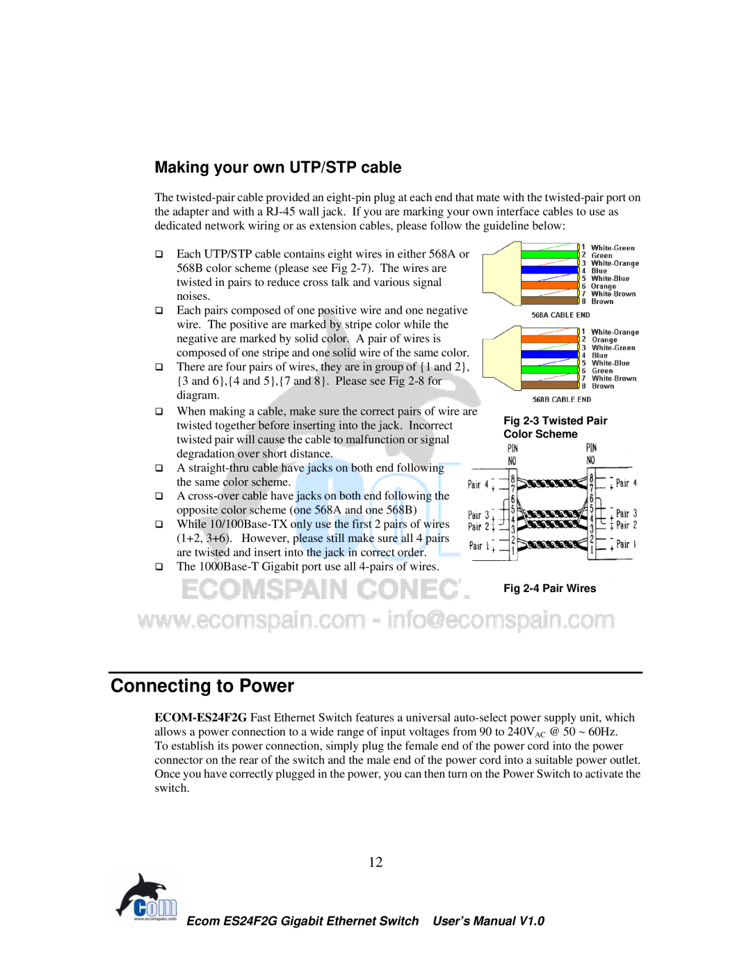 Ecom Instruments ECOM-EF24F2G user manual Connecting to Power, Making your own UTP/STP cable 