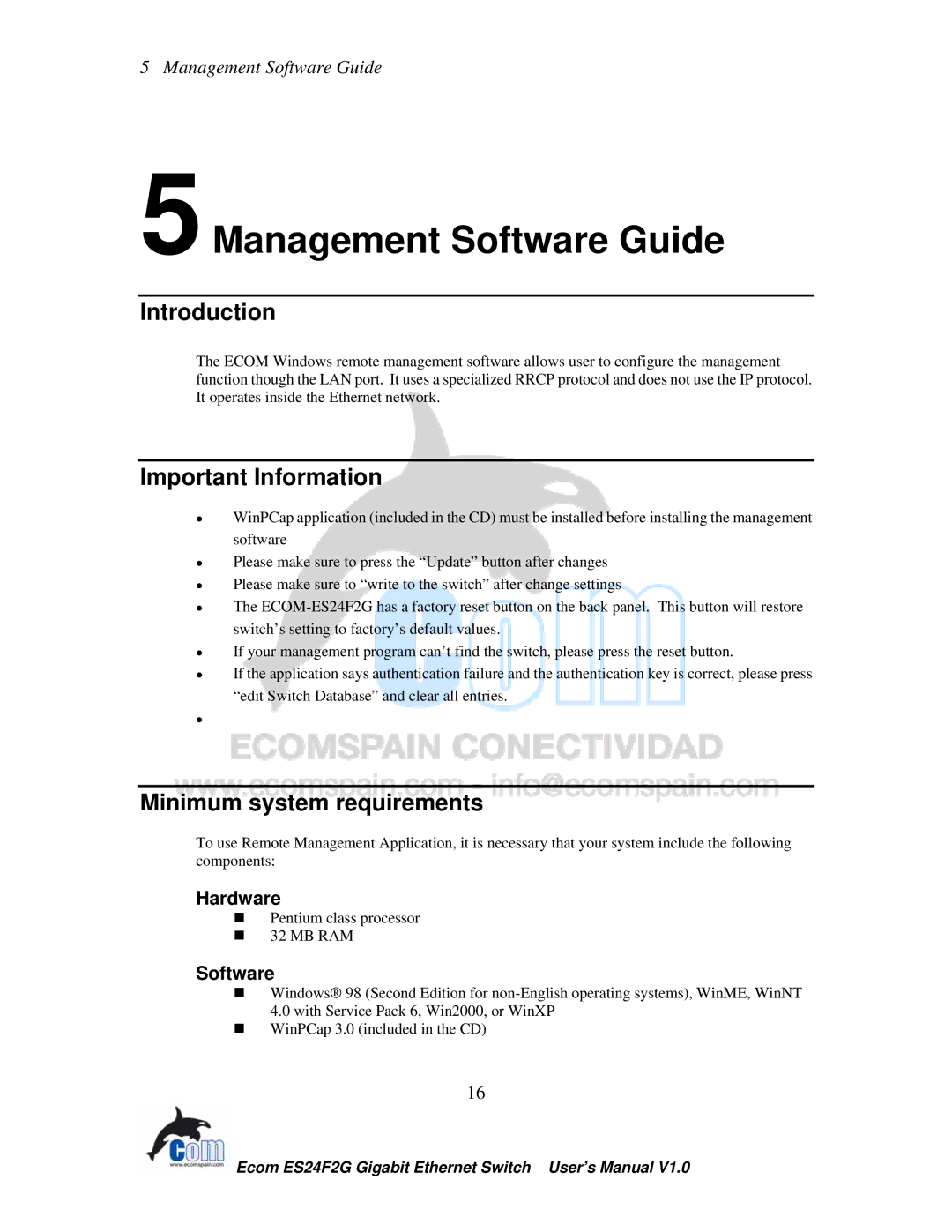 Ecom Instruments ECOM-EF24F2G user manual 5Management Software Guide, Important Information, Minimum system requirements 