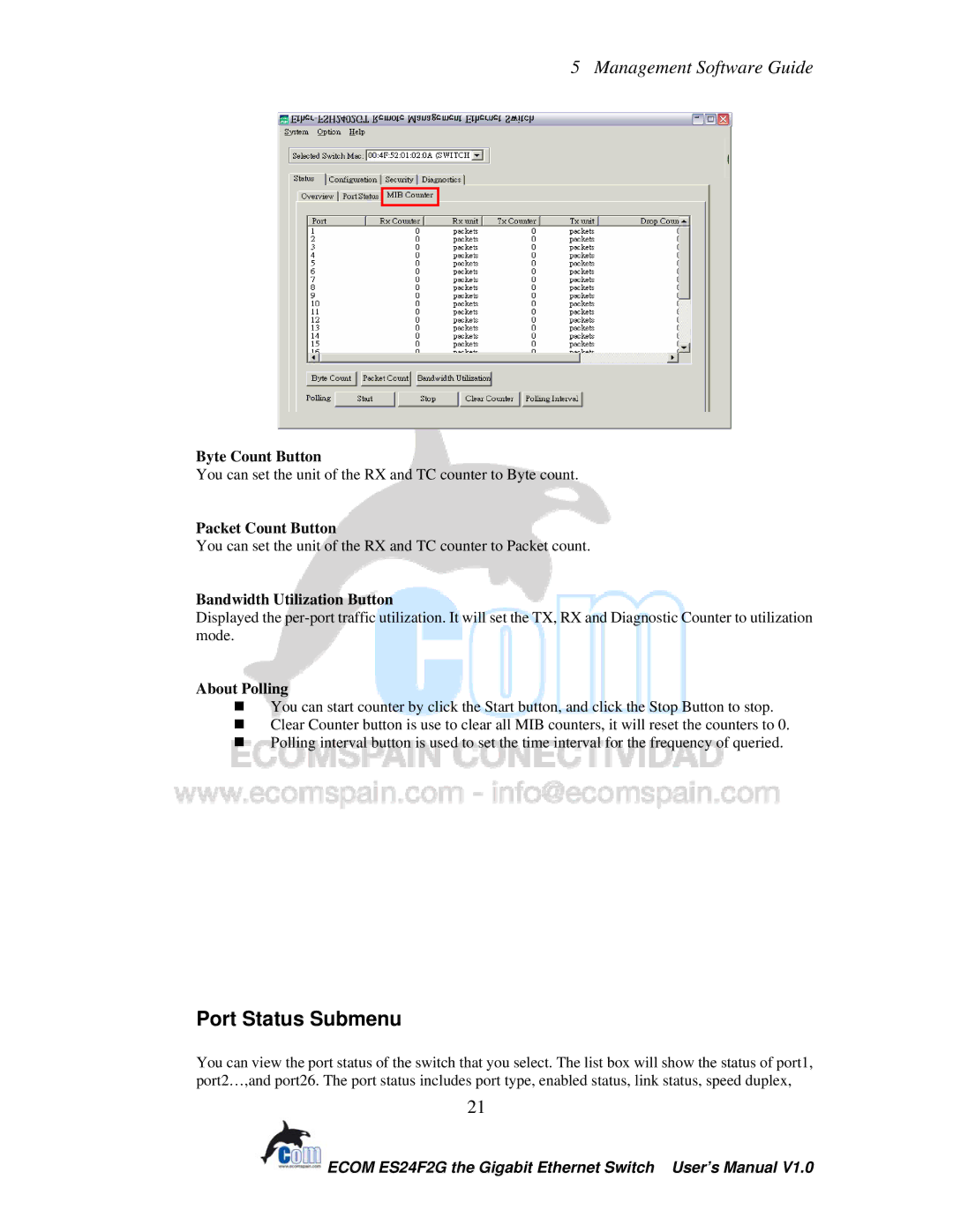 Ecom Instruments ECOM-EF24F2G Port Status Submenu, Byte Count Button, Packet Count Button, Bandwidth Utilization Button 