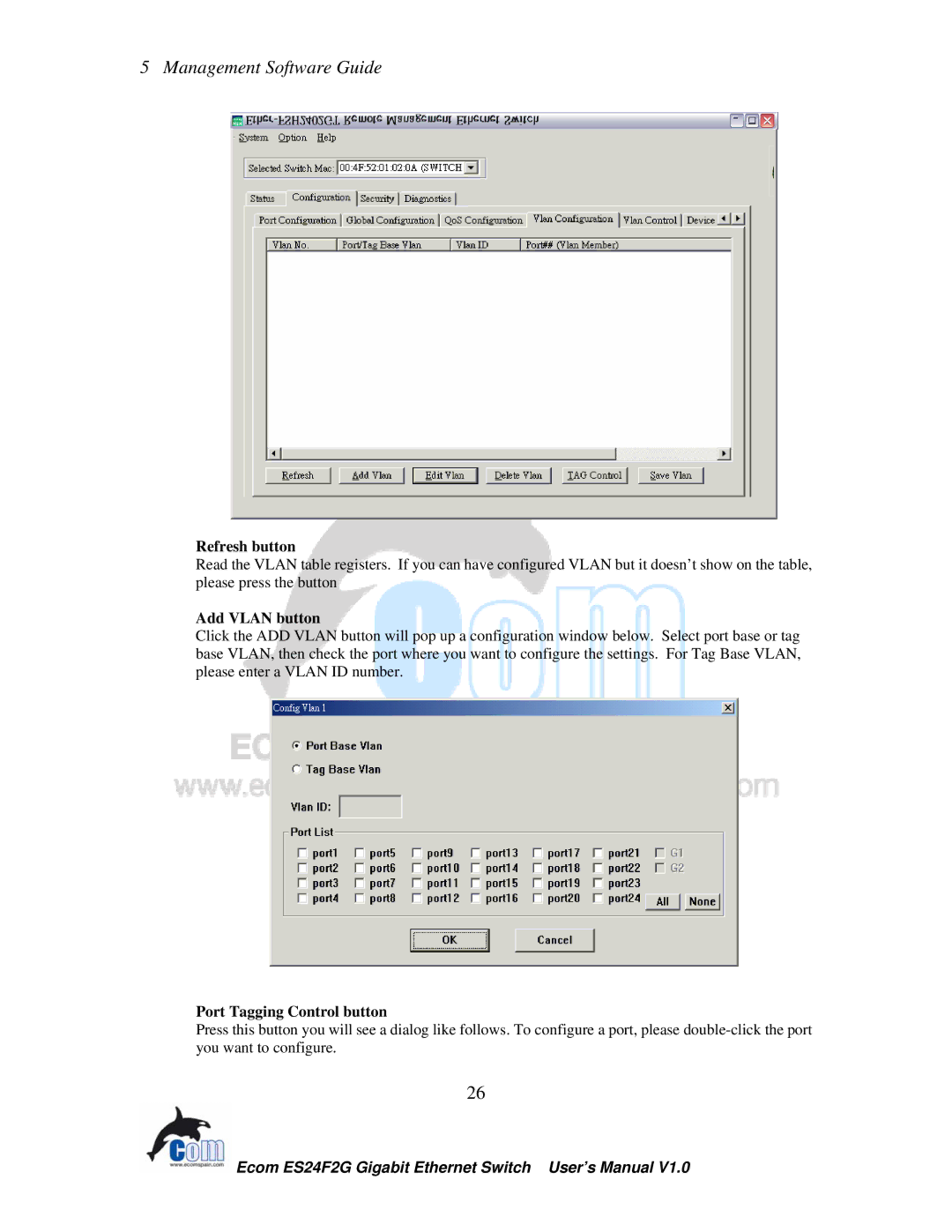 Ecom Instruments ECOM-EF24F2G user manual Refresh button, Add Vlan button, Port Tagging Control button 