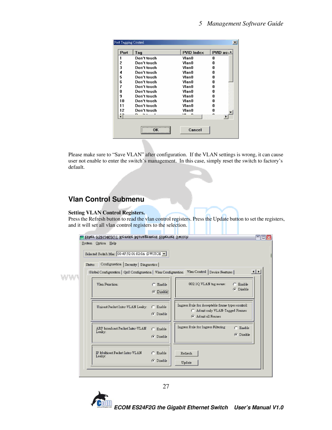 Ecom Instruments ECOM-EF24F2G user manual Vlan Control Submenu, Setting Vlan Control Registers 