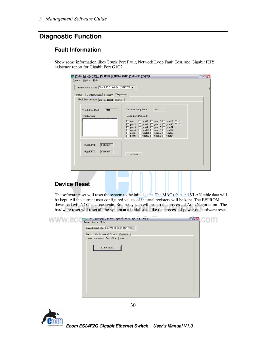 Ecom Instruments ECOM-EF24F2G user manual Diagnostic Function, Fault Information, Device Reset 