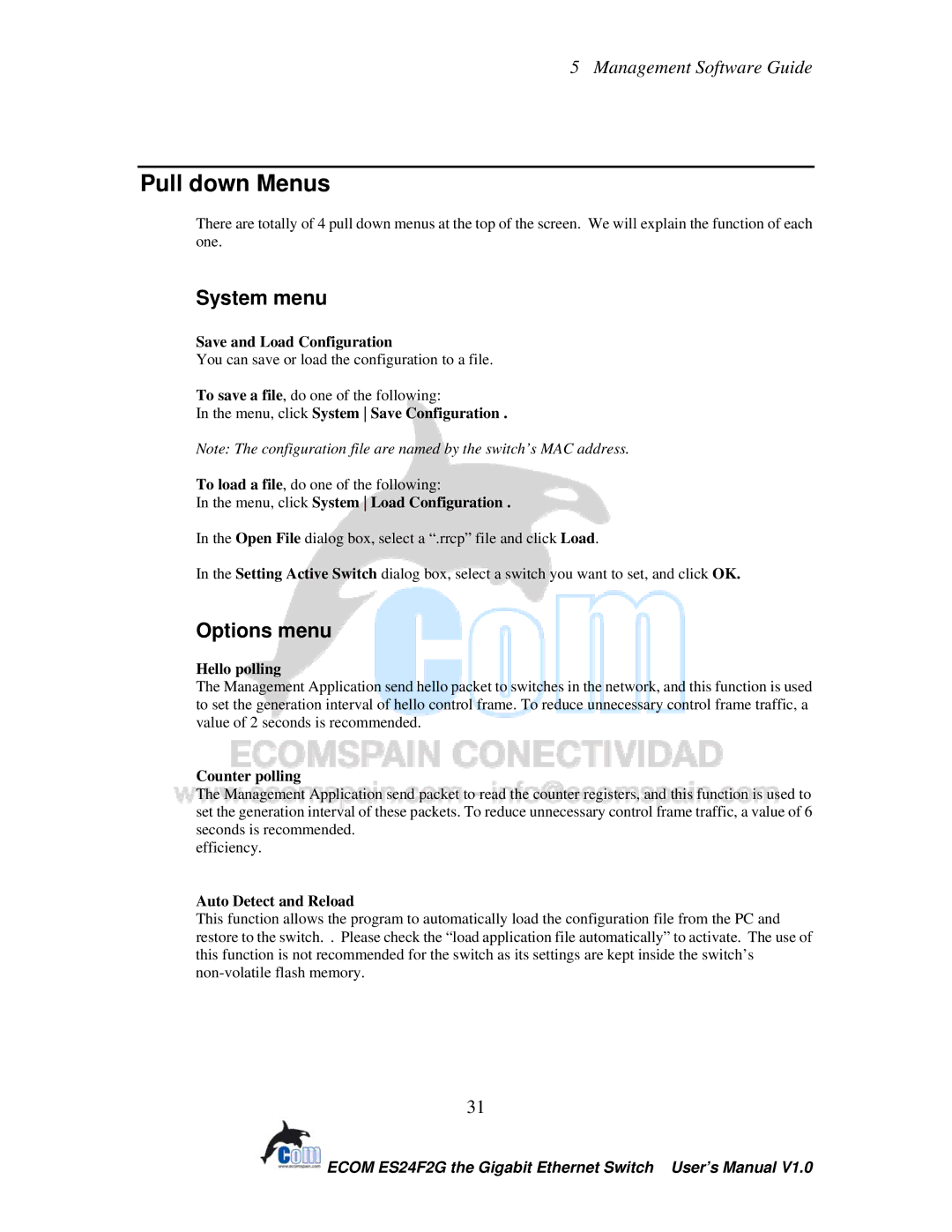 Ecom Instruments ECOM-EF24F2G user manual Pull down Menus, System menu, Options menu 