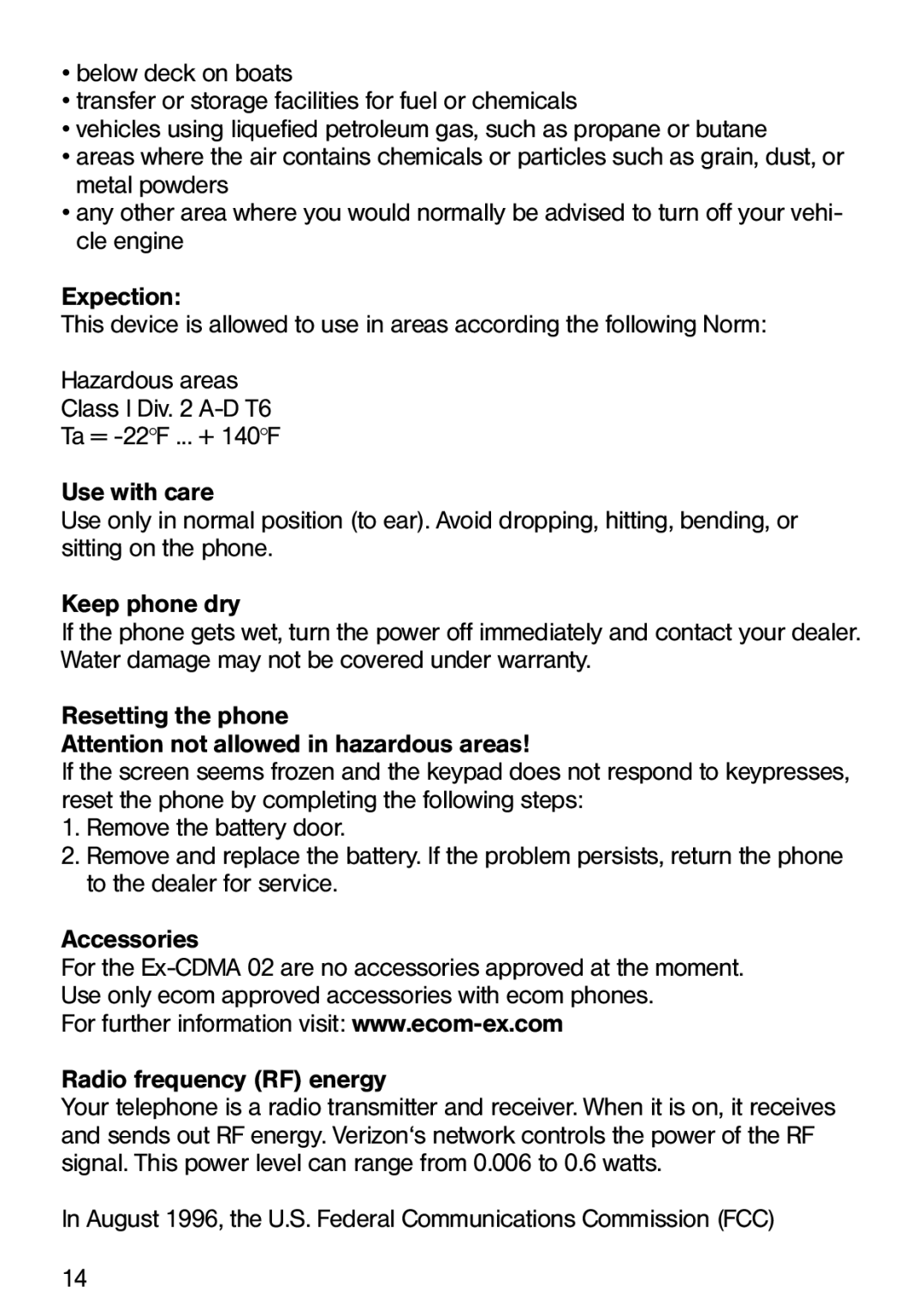 Ecom Instruments Ex-CDMA 02 manual Radio frequency RF energy, August 1996, the U.S. Federal Communications Commission FCC 