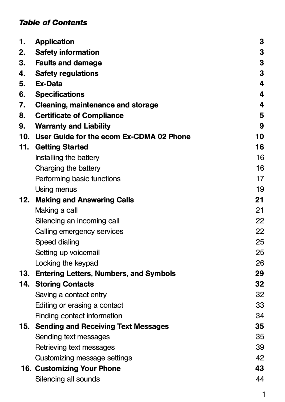 Ecom Instruments Ex-CDMA 02 manual Table of Contents 