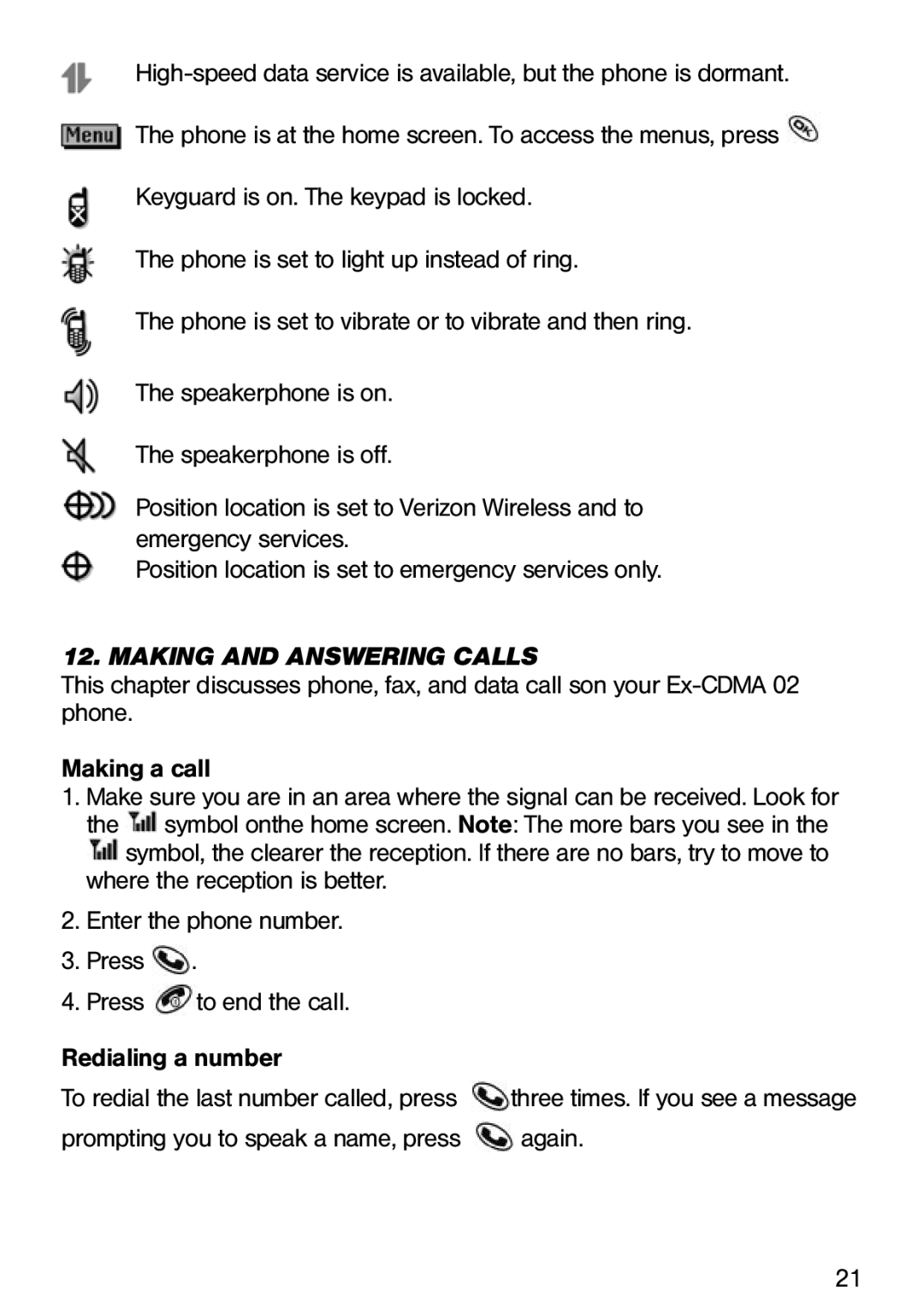 Ecom Instruments Ex-CDMA 02 manual Making and Answering Calls 