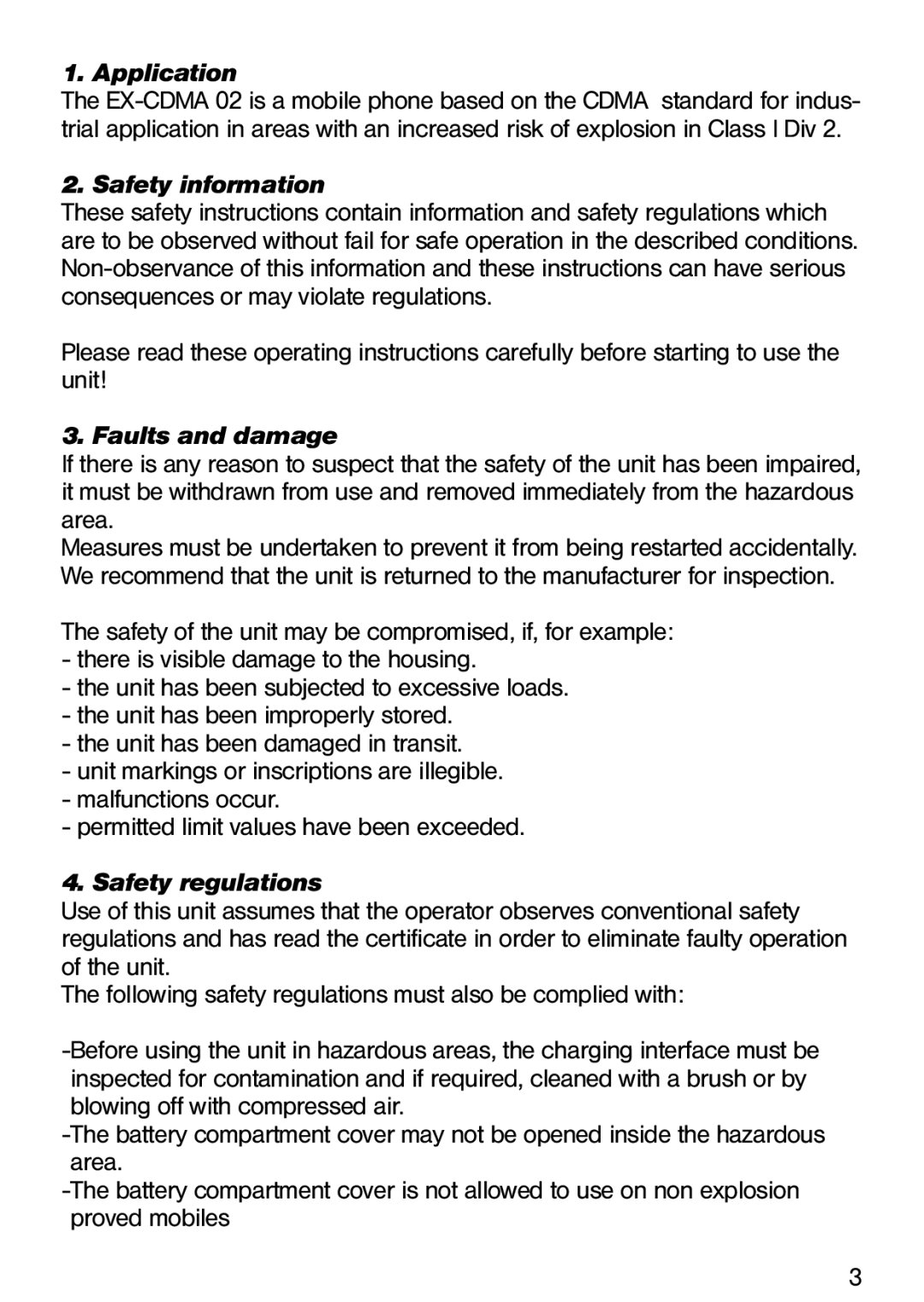 Ecom Instruments Ex-CDMA 02 manual Application, Safety information, Faults and damage, Safety regulations 