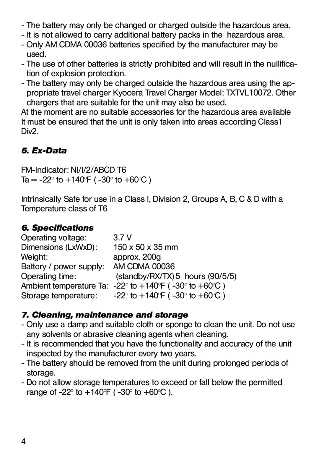 Ecom Instruments Ex-CDMA 02 manual Ex-Data, Specifications, Storage temperature 22 to +140F -30 to +60C 