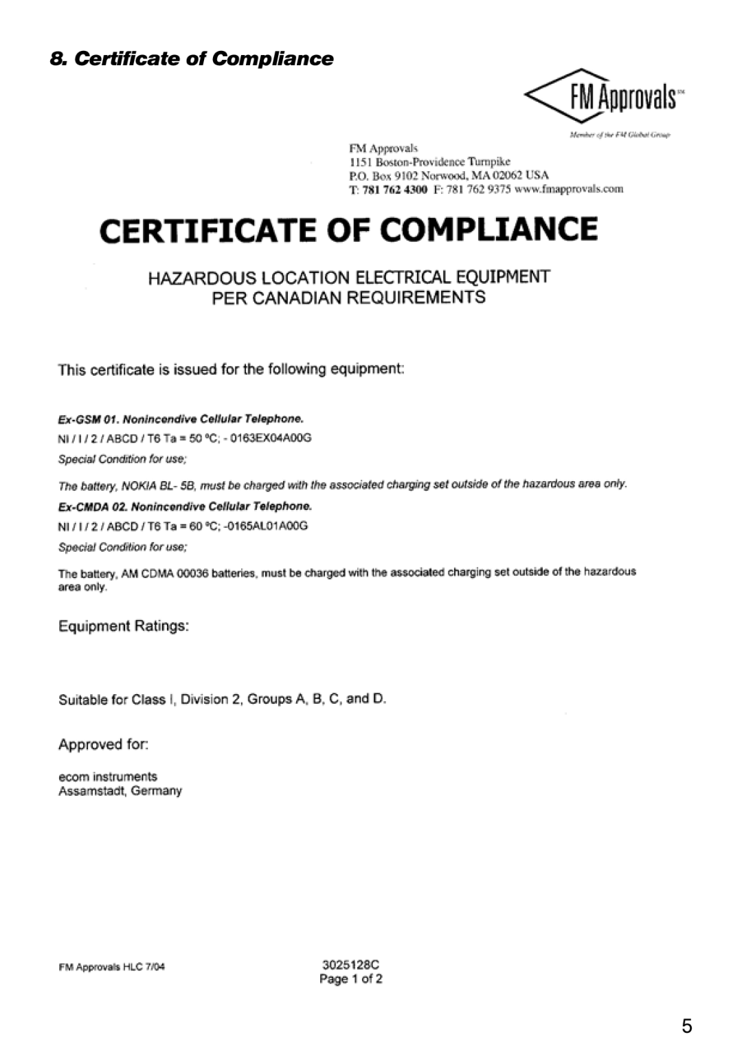 Ecom Instruments Ex-CDMA 02 manual Certificate of Compliance 