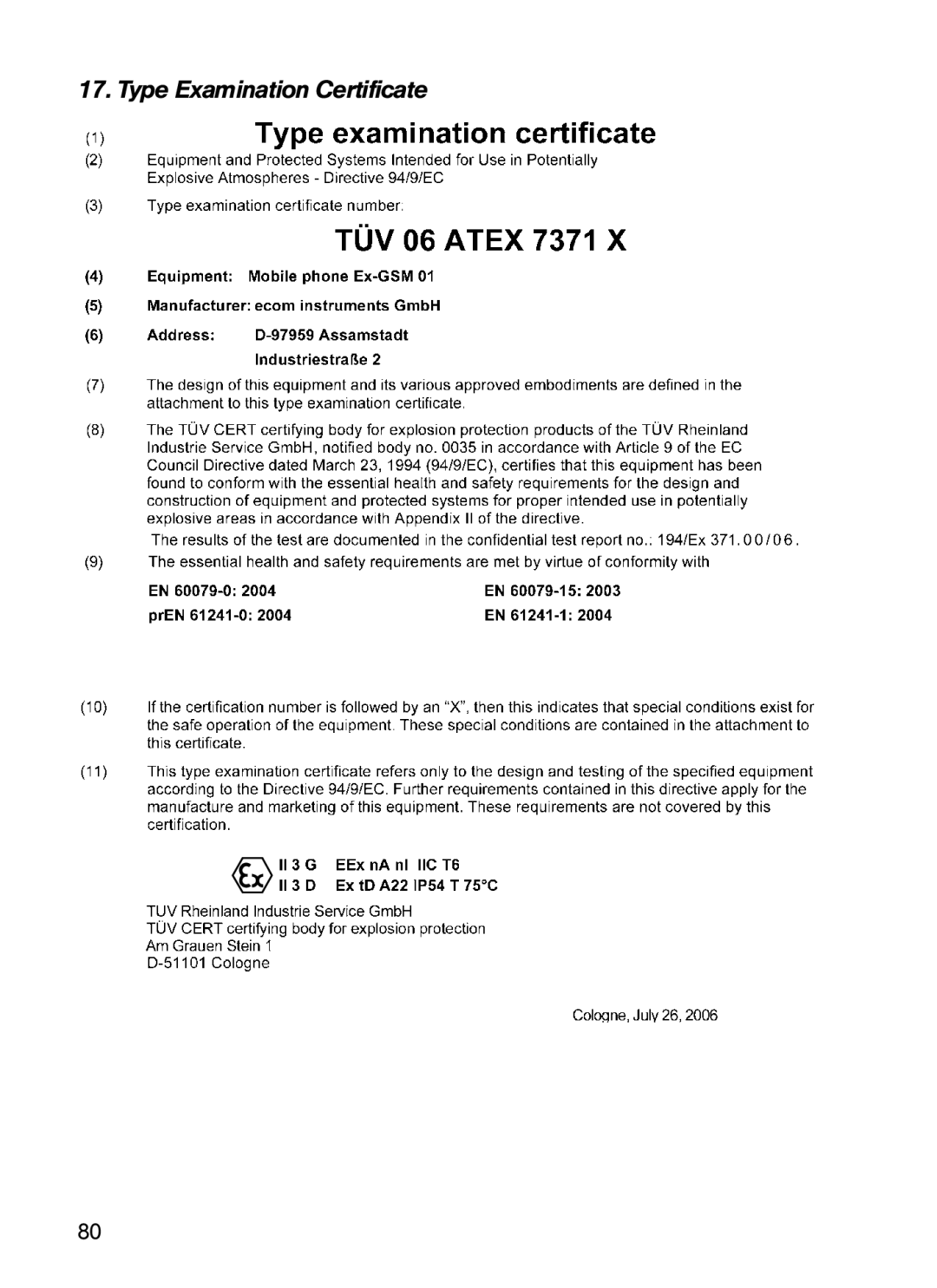 Ecom Instruments Ex-GSM 01 EU operating instructions Type Examination Certificate 