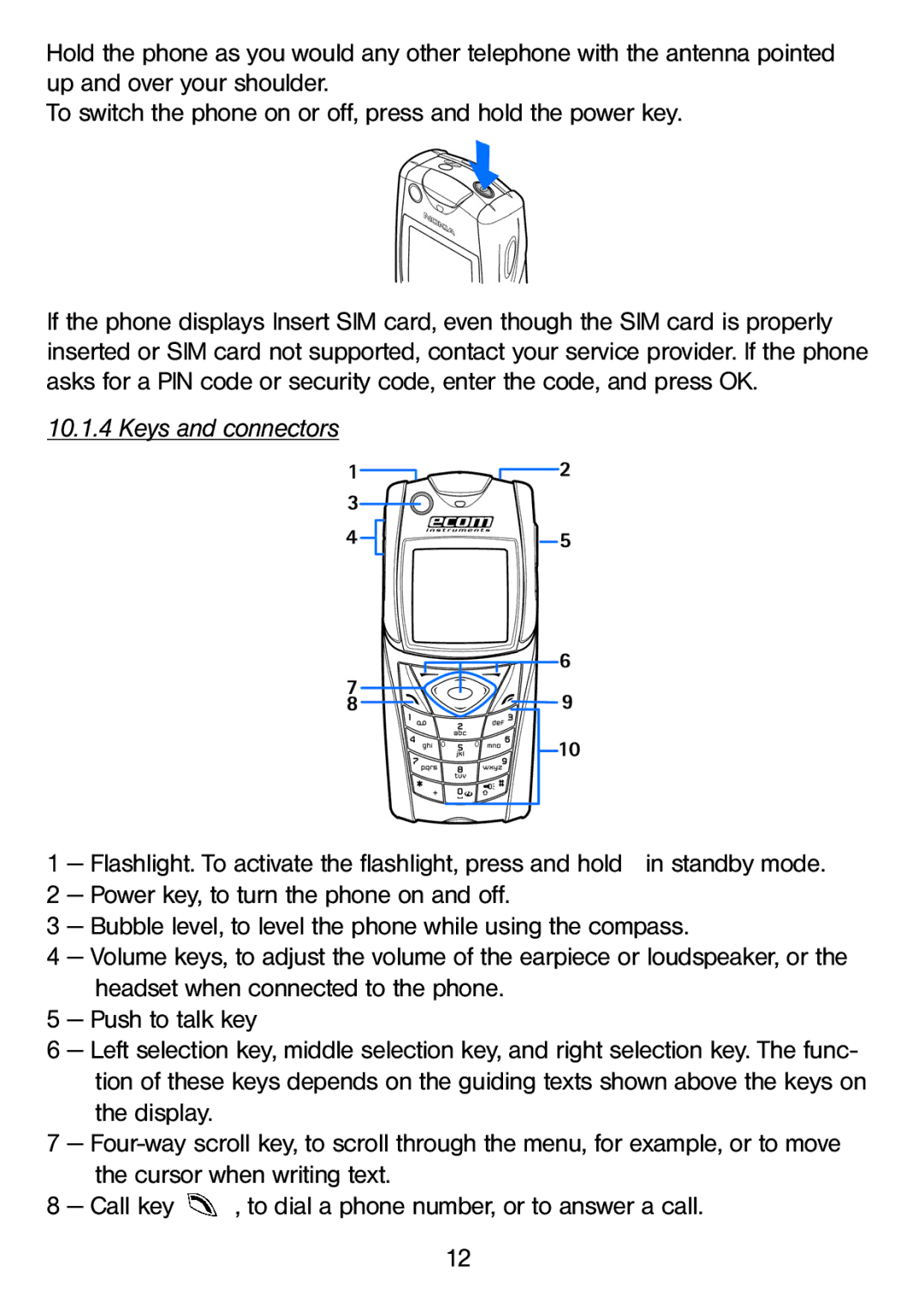 Ecom Instruments Ex-GSM 01 manual Keys and connectors, Power key, to turn the phone on and off, Push to talk key, Display 