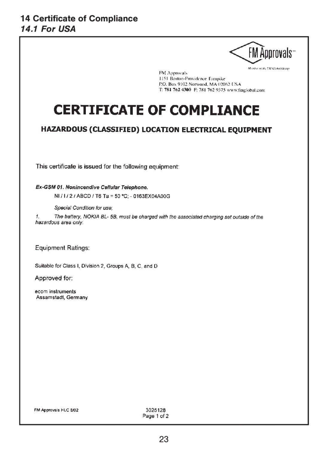 Ecom Instruments Ex-GSM 01 manual Certificate of Compliance For USA 