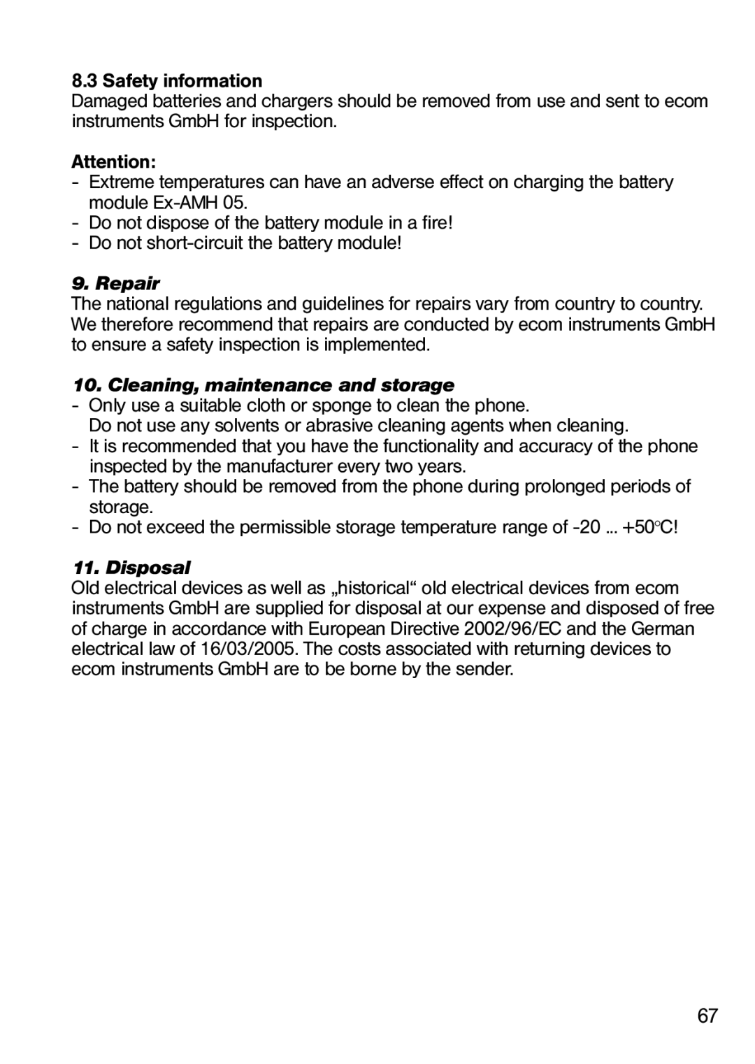 Ecom Instruments Ex-Handy 05 operating instructions Repair, Cleaning, maintenance and storage, Disposal 