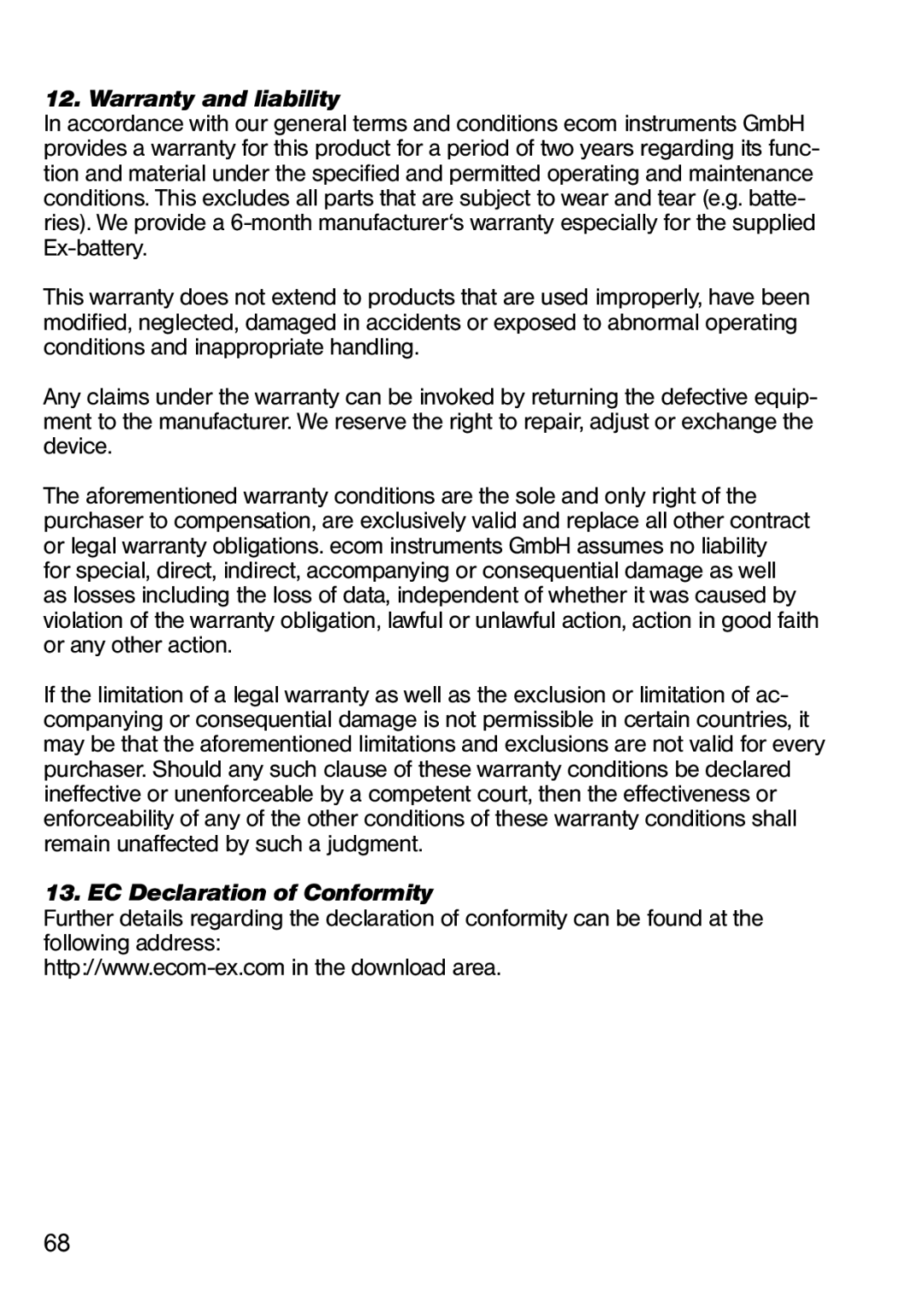 Ecom Instruments Ex-Handy 05 operating instructions Warranty and liability, EC Declaration of Conformity 