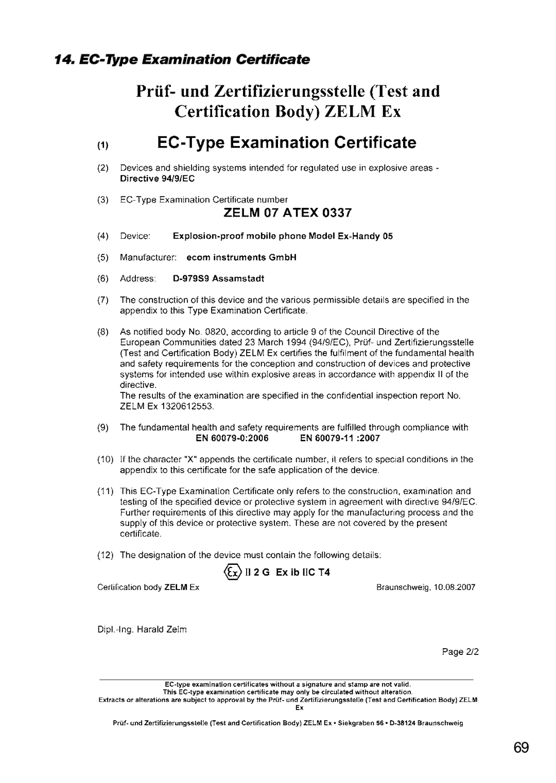 Ecom Instruments Ex-Handy 05 operating instructions EC-Type Examination Certificate 