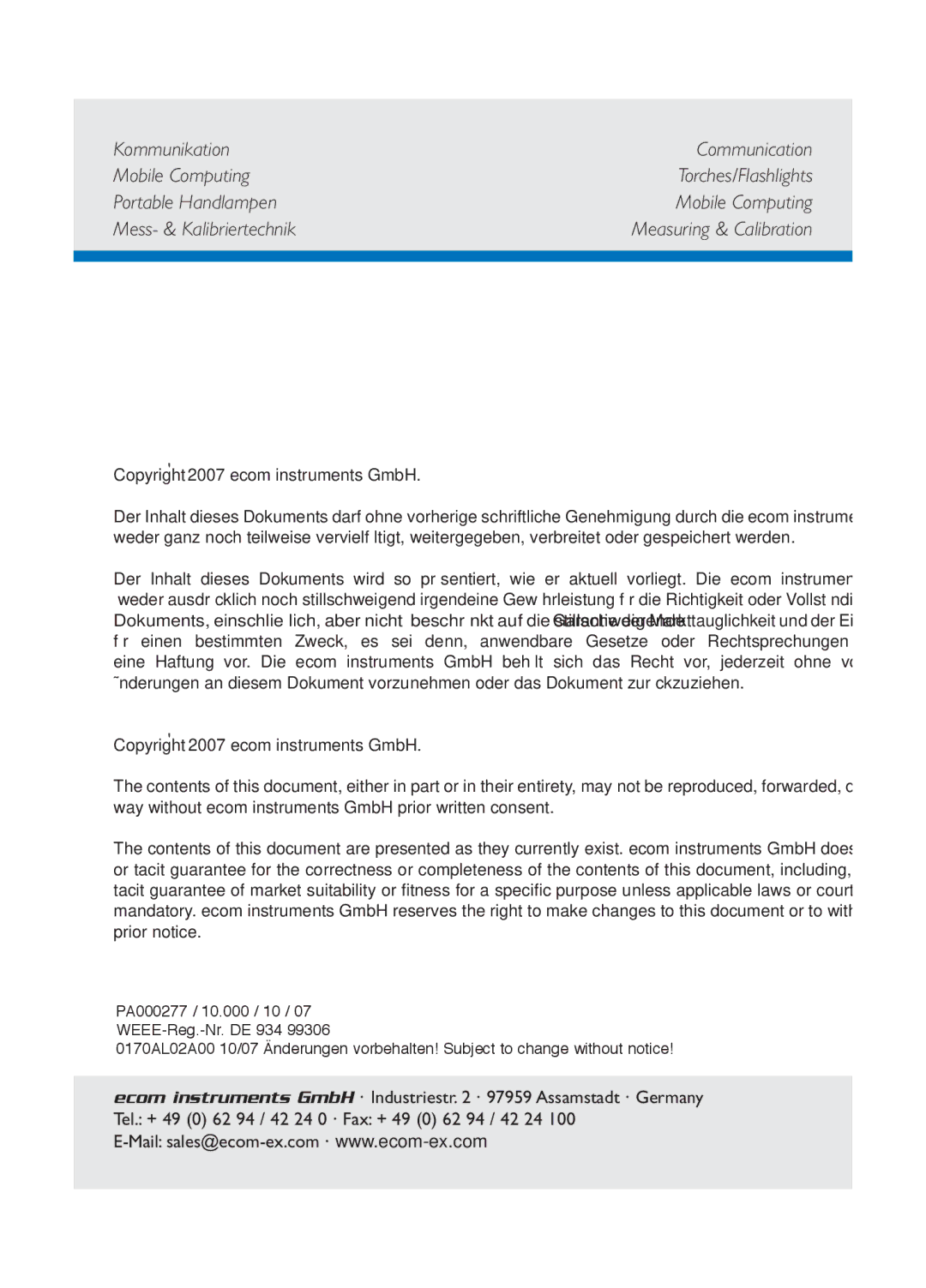 Ecom Instruments Ex-Handy 05 operating instructions Copyright 2007 ecom instruments GmbH 