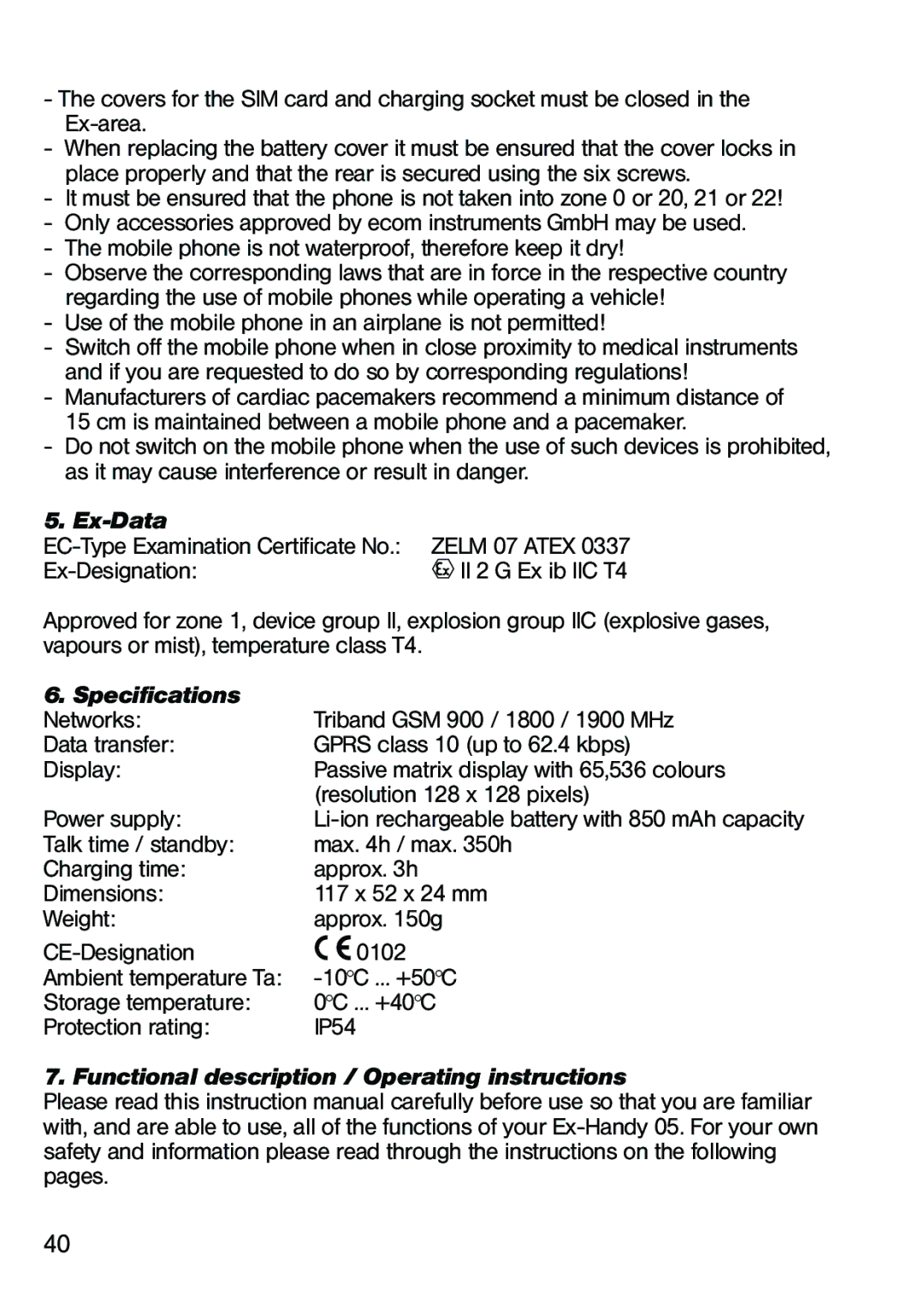 Ecom Instruments Ex-Handy 05 Ex-Data, Specifications, Functional description / Operating instructions 