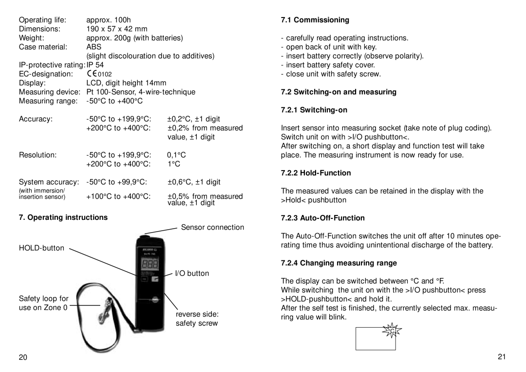 Ecom Instruments Ex-Pt 720 Operating instructions, Commissioning, Switching-on and measuring 7.2.1 Switching-on 