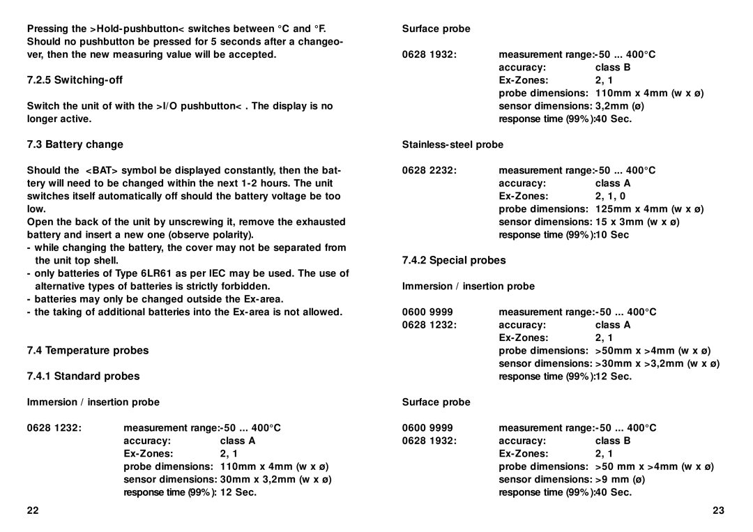 Ecom Instruments Ex-Pt 720 Switching-off, Battery change, Temperature probes 7.4.1 Standard probes, Special probes 