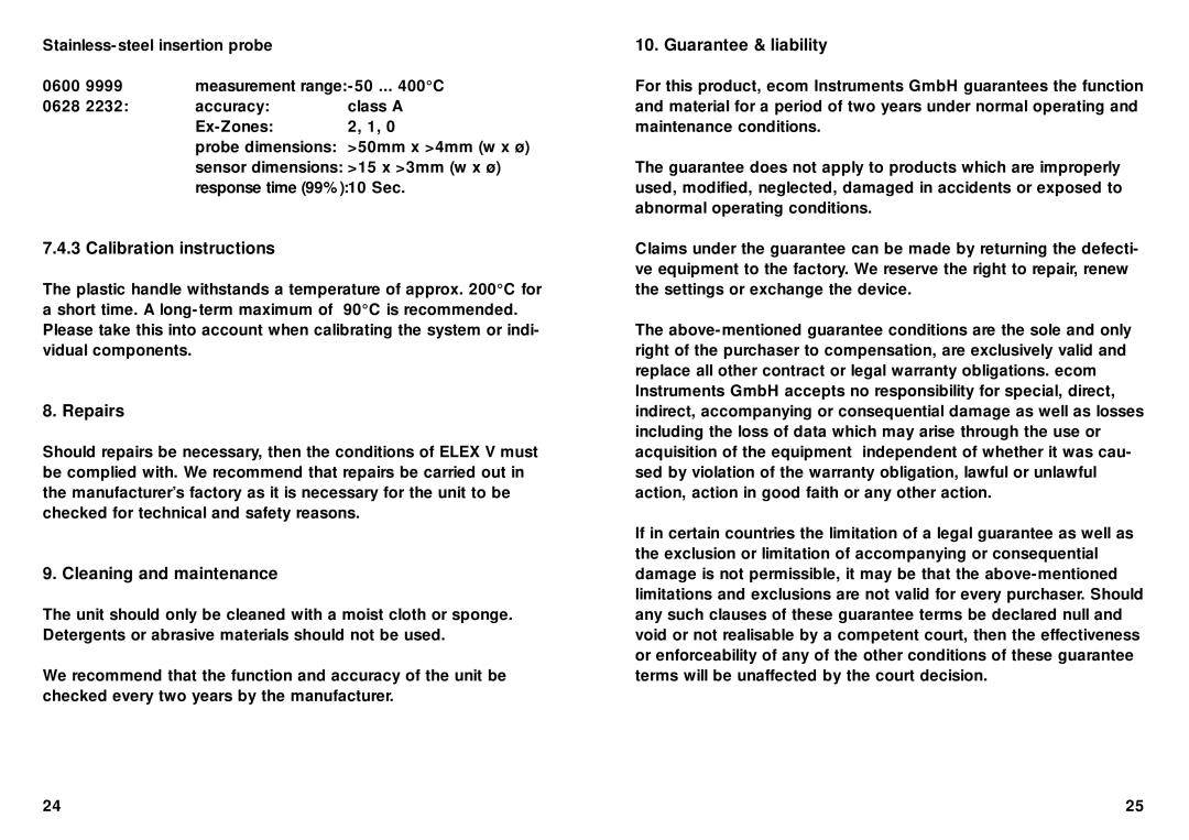 Ecom Instruments Ex-Pt 720 Calibration instructions, Repairs, Cleaning and maintenance, Guarantee & liability 