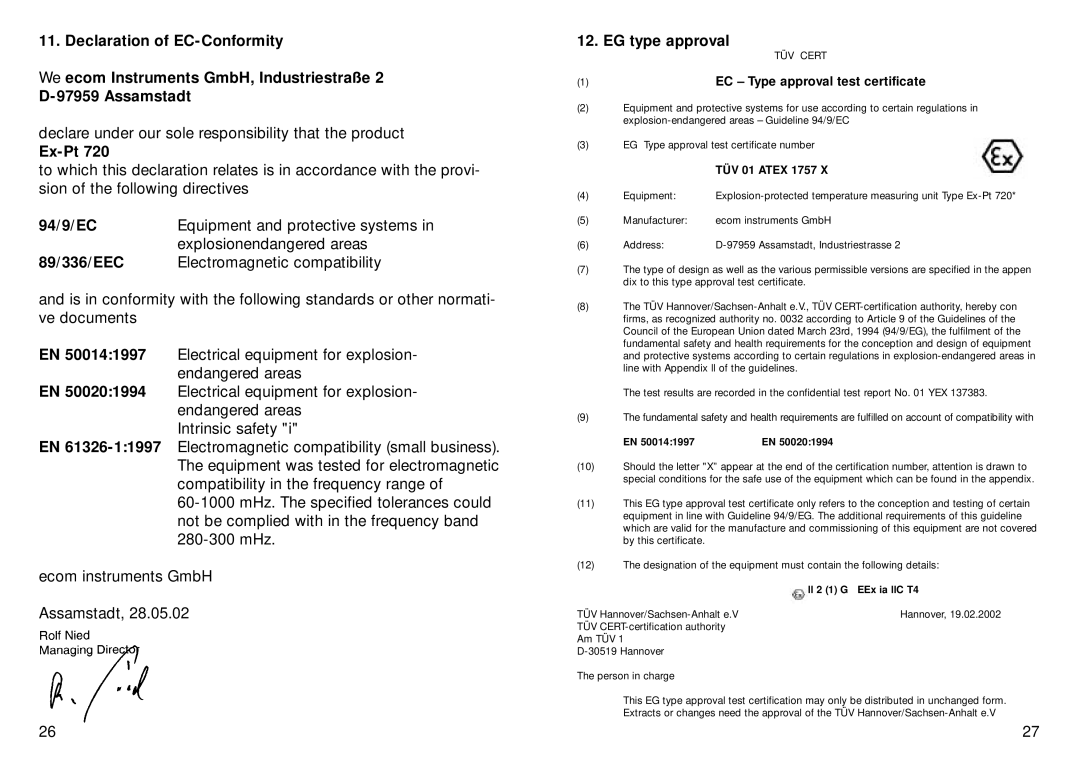 Ecom Instruments Ex-Pt 720 instruction manual 94/9/EC, 89/336/EEC, EG type approval 