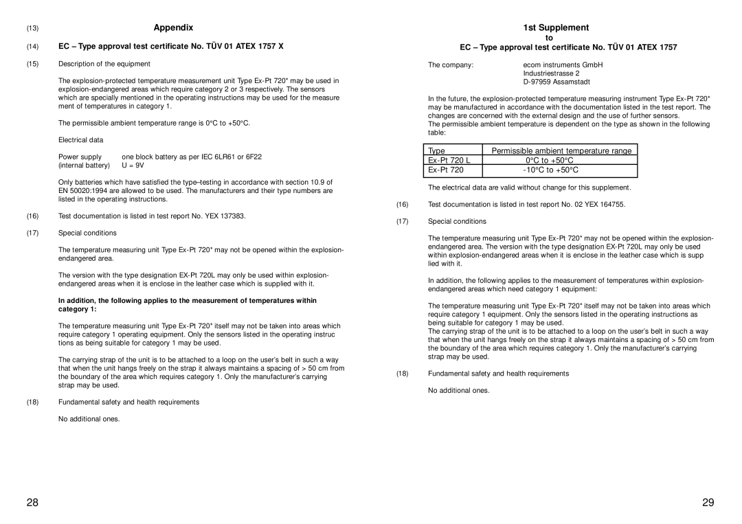 Ecom Instruments Ex-Pt 720 instruction manual 1st Supplement 