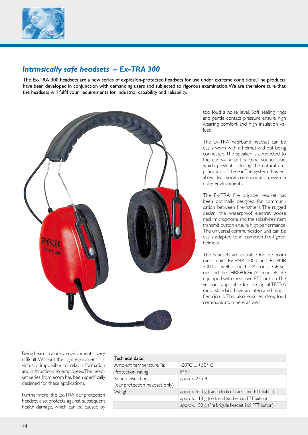 Ecom Instruments Ex-TRA 300 manual Intrinsically safe headsets Ex-TRA 