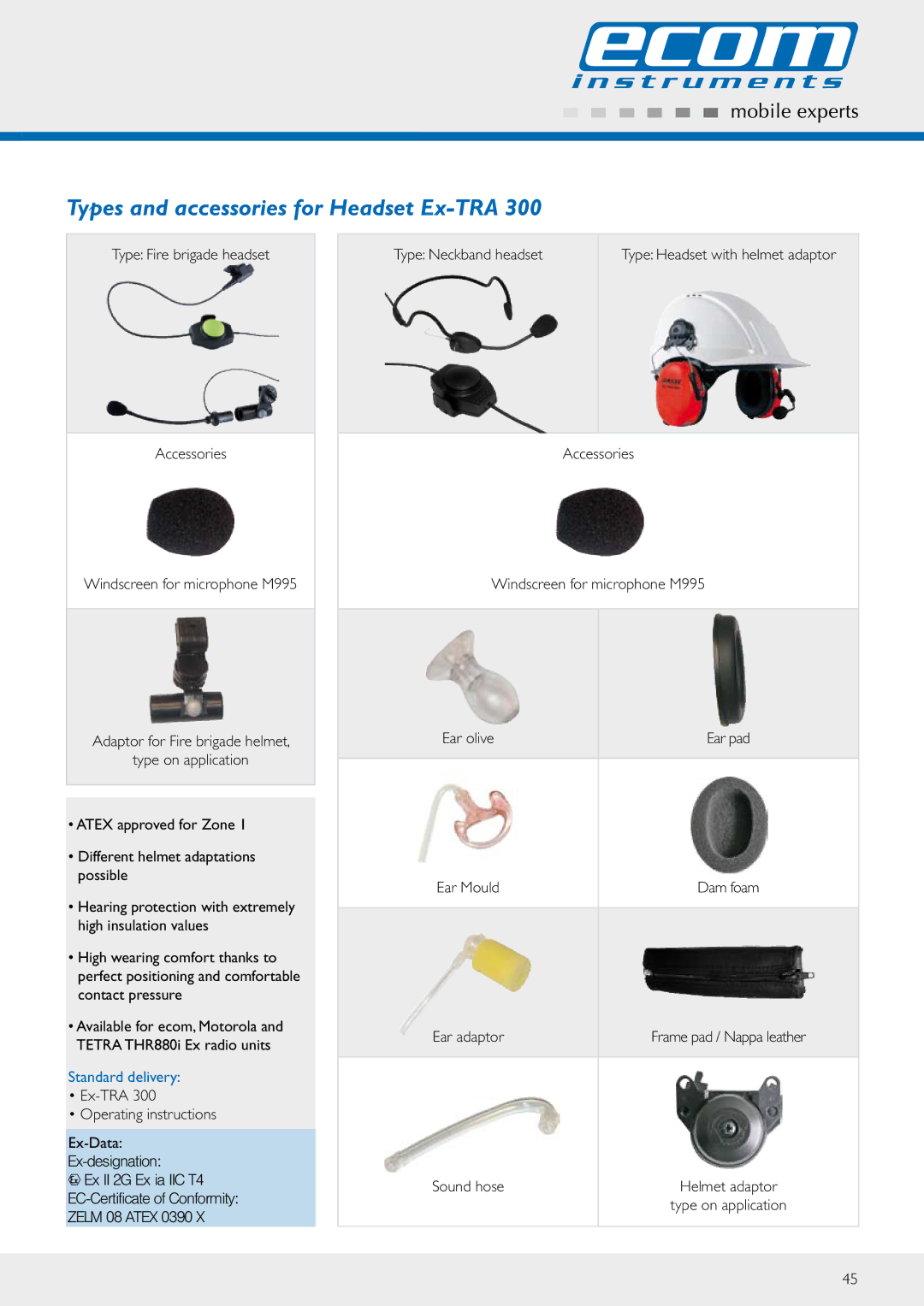 Ecom Instruments Ex-TRA 300 manual Types and accessories for Headset Ex-TRA, Standard delivery 