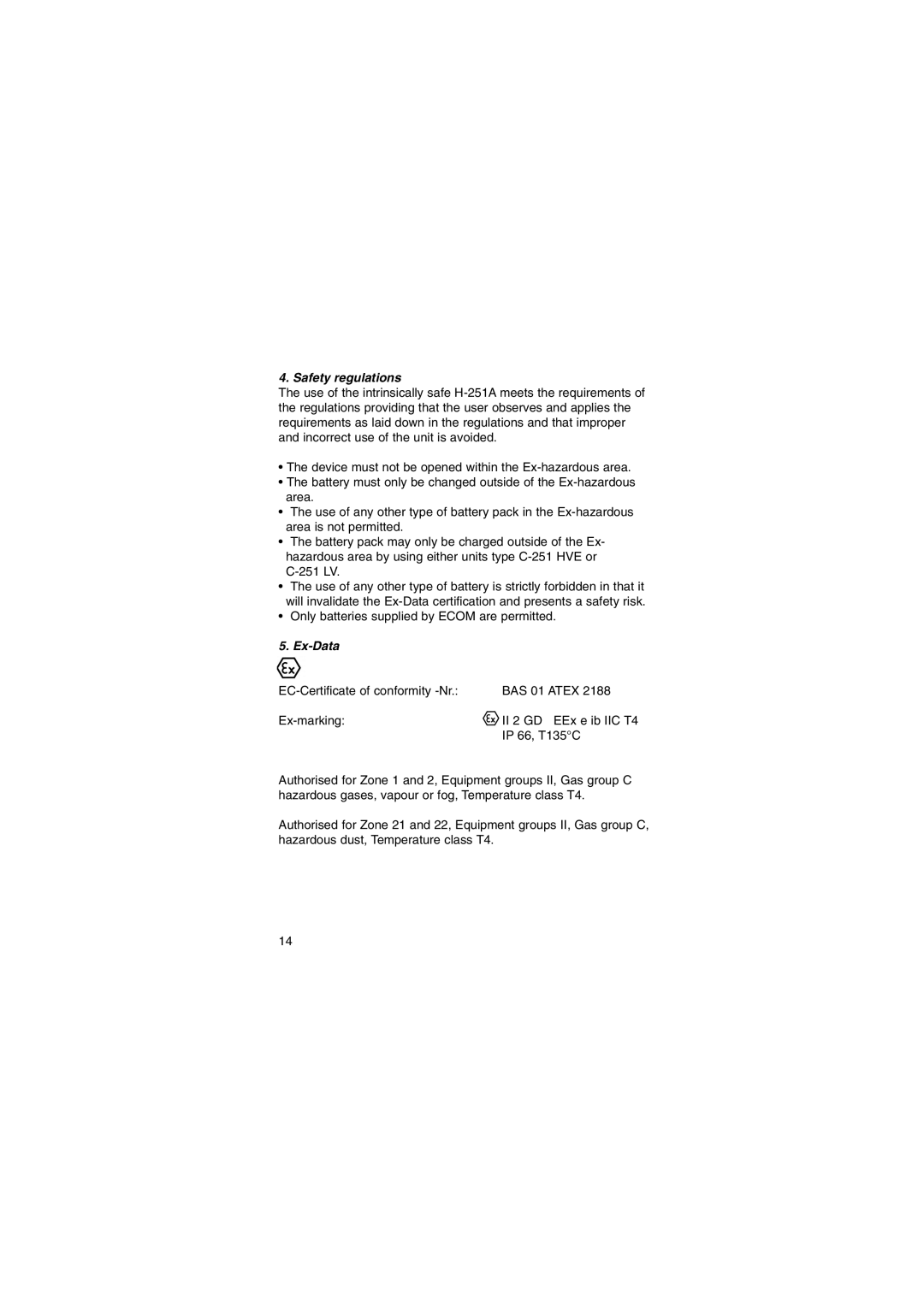 Ecom Instruments H-251 A instruction manual Safety regulations, Ex-Data 