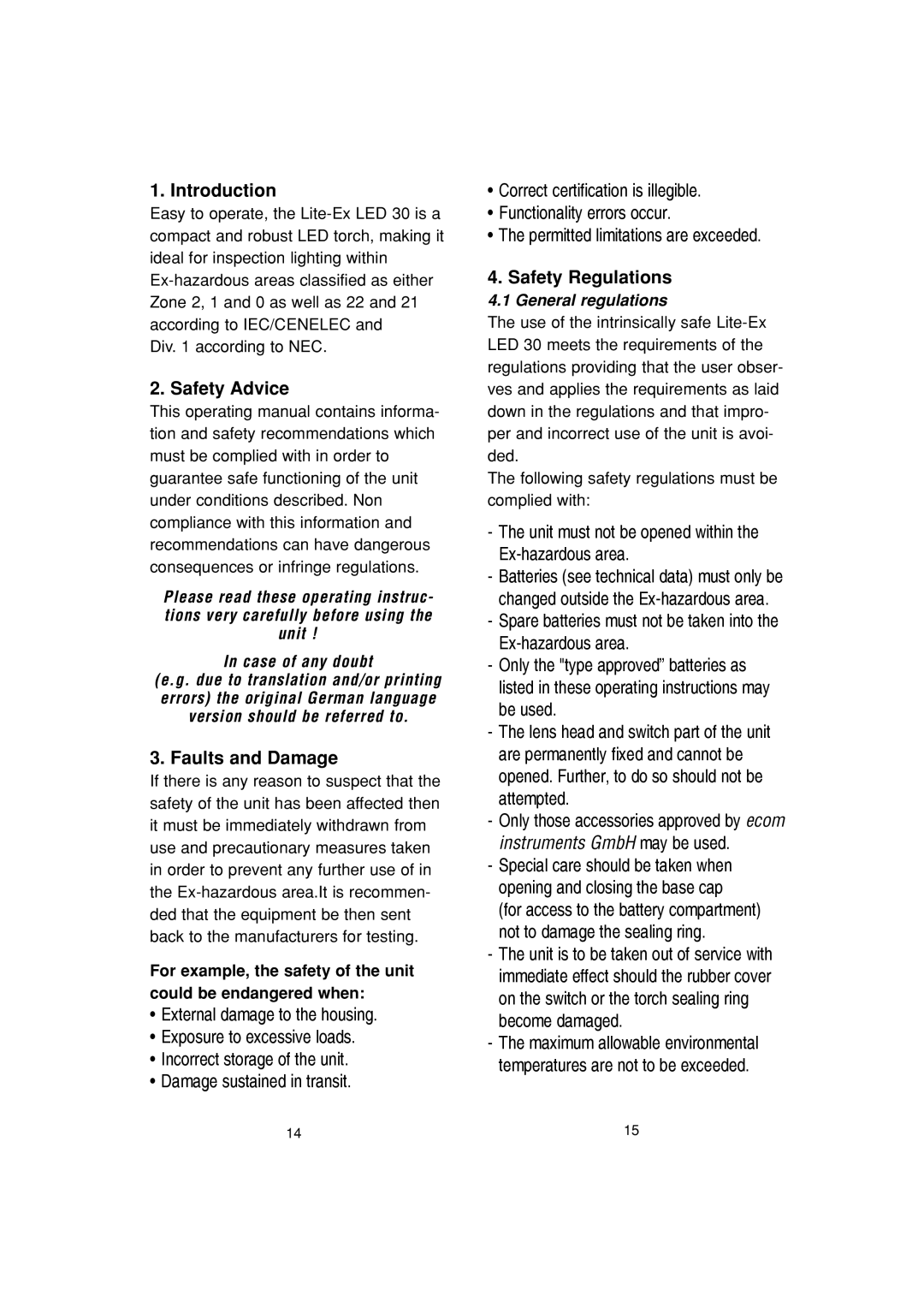 Ecom Instruments Lite-Ex LED 30 manual Introduction, Safety Advice, Faults and Damage, Safety Regulations 