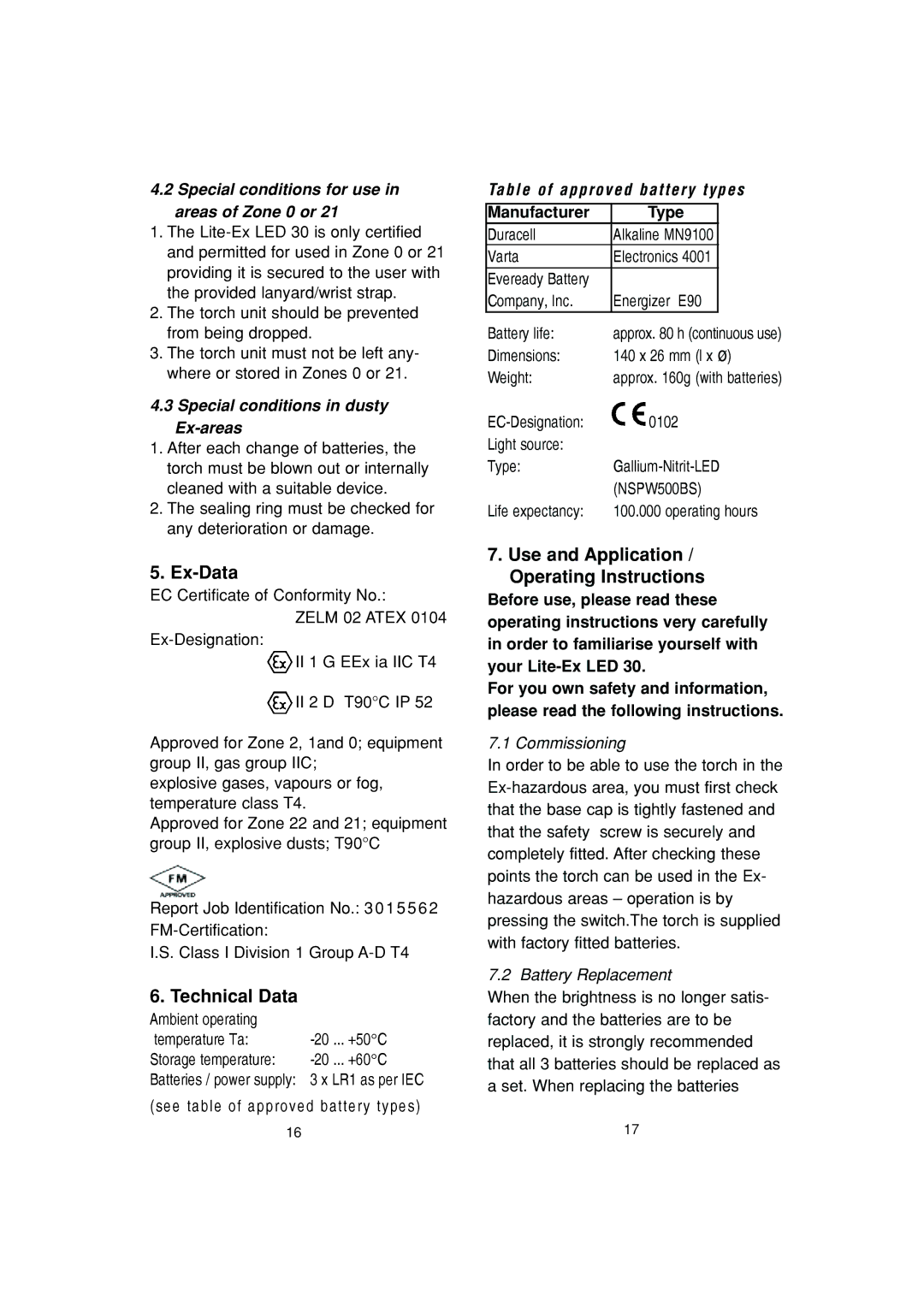 Ecom Instruments Lite-Ex LED 30 manual Ex-Data, Technical Data, Use and Application / Operating Instructions 