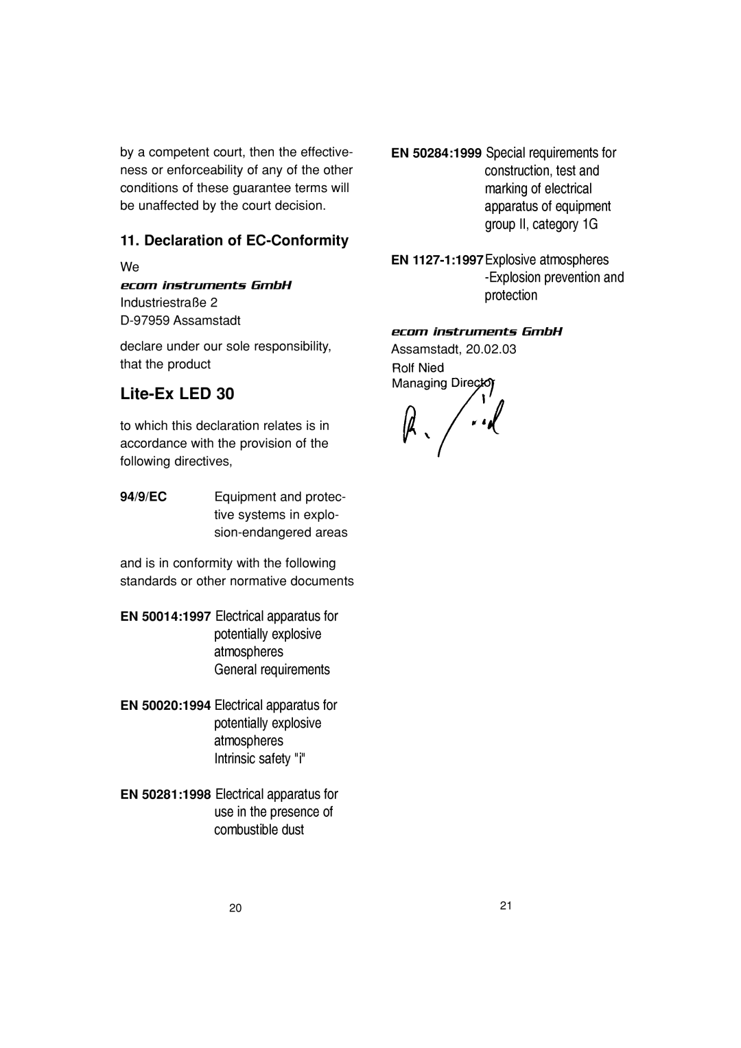 Ecom Instruments Lite-Ex LED 30 manual Declaration of EC-Conformity 