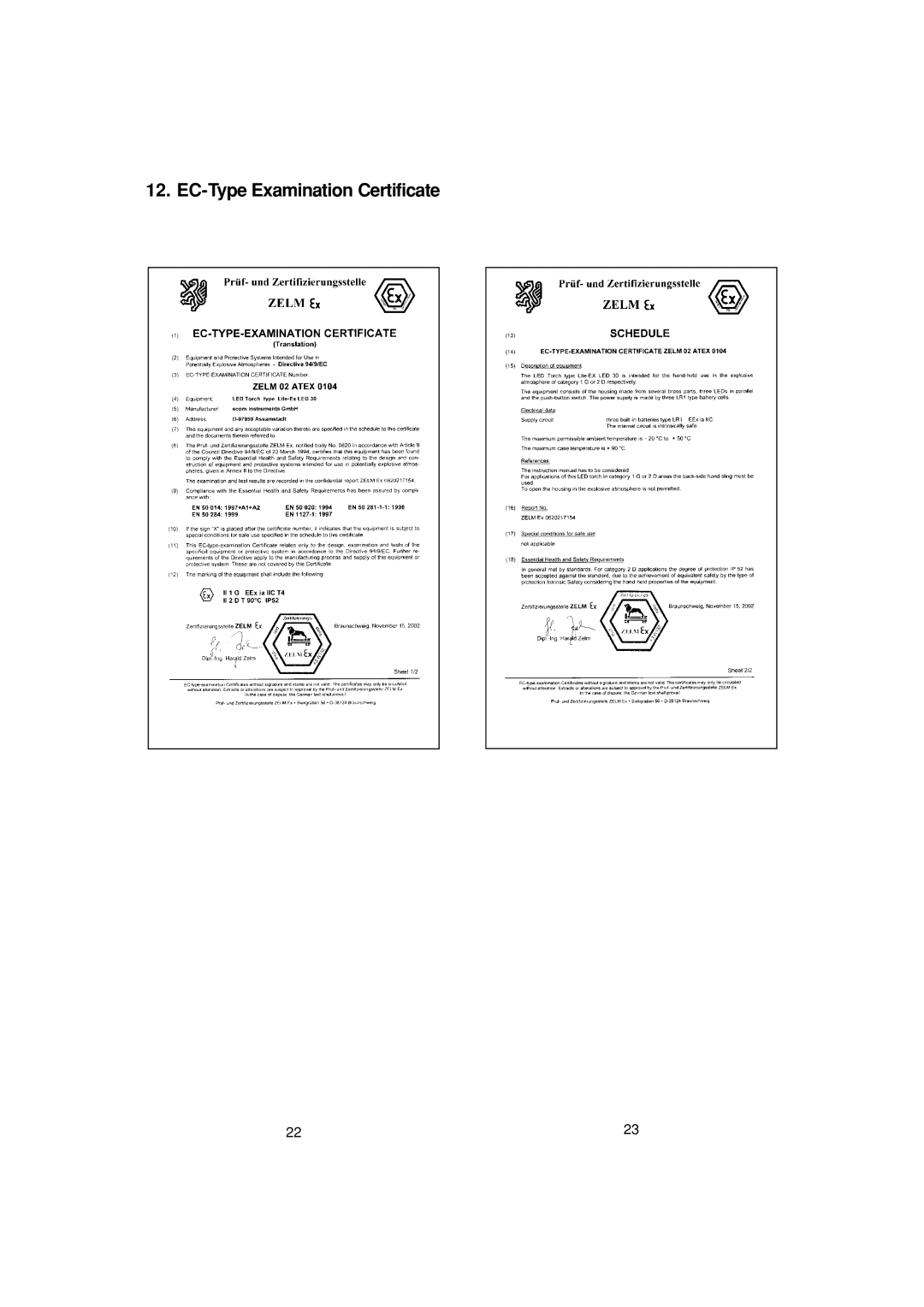 Ecom Instruments Lite-Ex LED 30 manual EC-Type Examination Certificate 