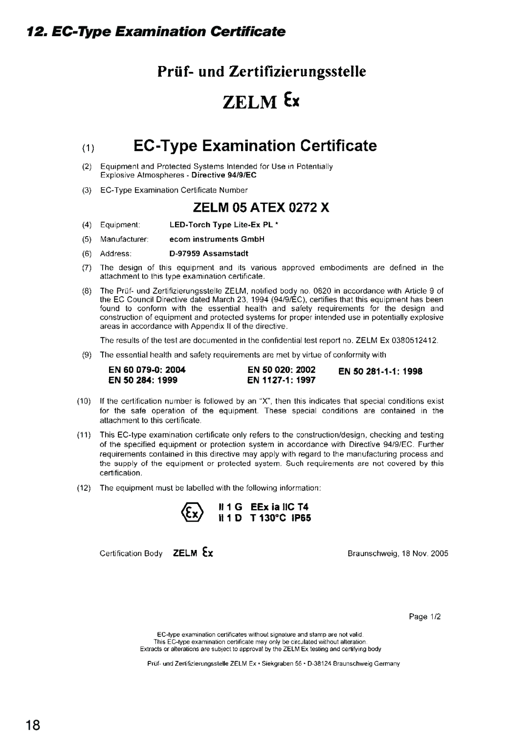 Ecom Instruments Lite-Ex PL 30 operating instructions EC-Type Examination Certificate 