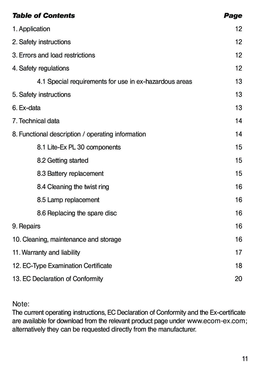 Ecom Instruments Lite-Ex PL 30 operating instructions Table of Contents 