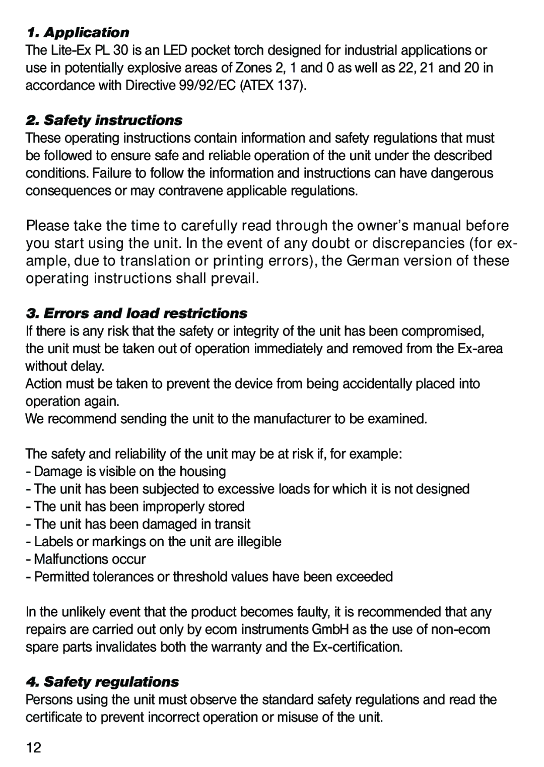 Ecom Instruments Lite-Ex PL 30 Application, Safety instructions, Errors and load restrictions, Safety regulations 