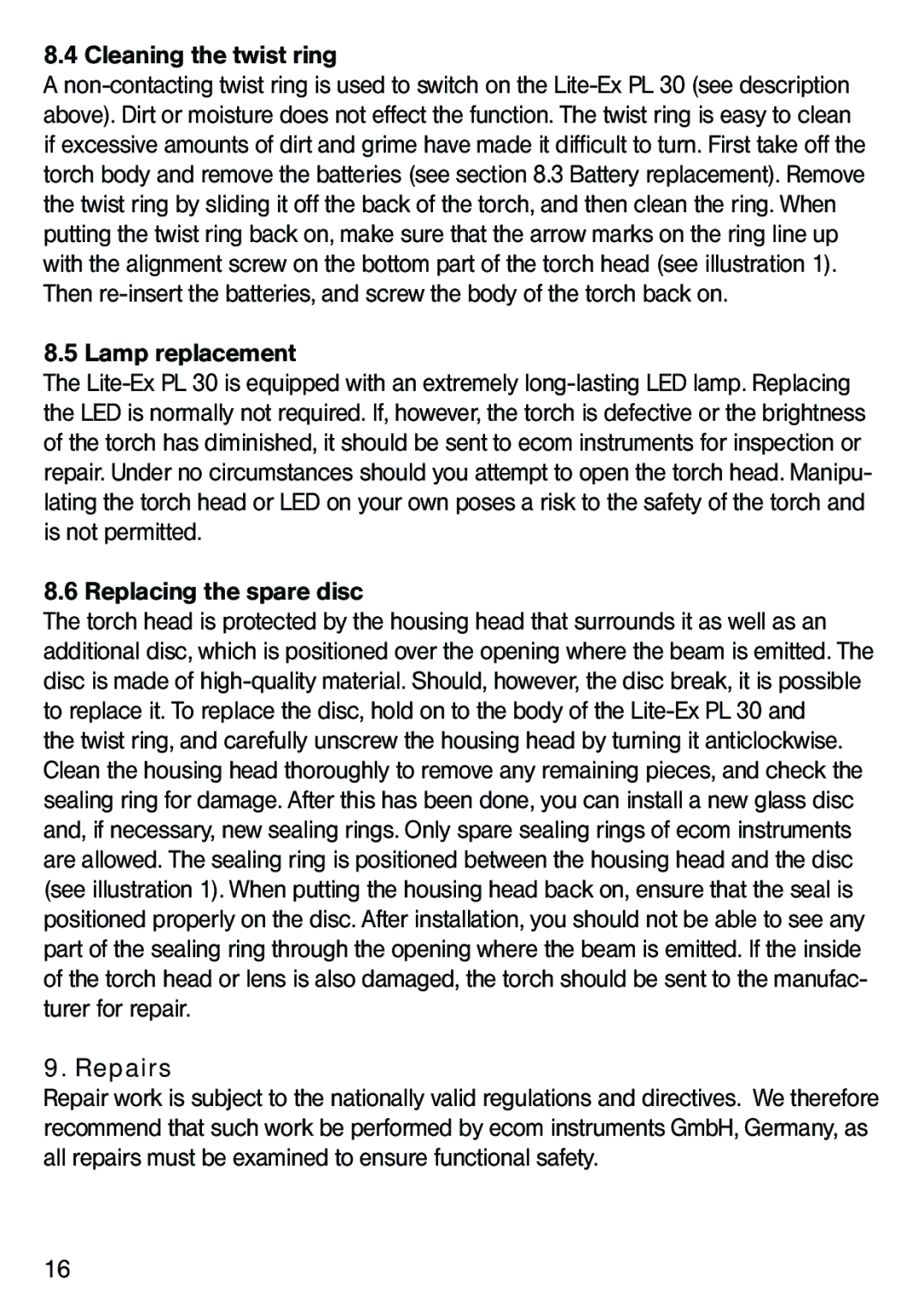 Ecom Instruments Lite-Ex PL 30 operating instructions Repairs 