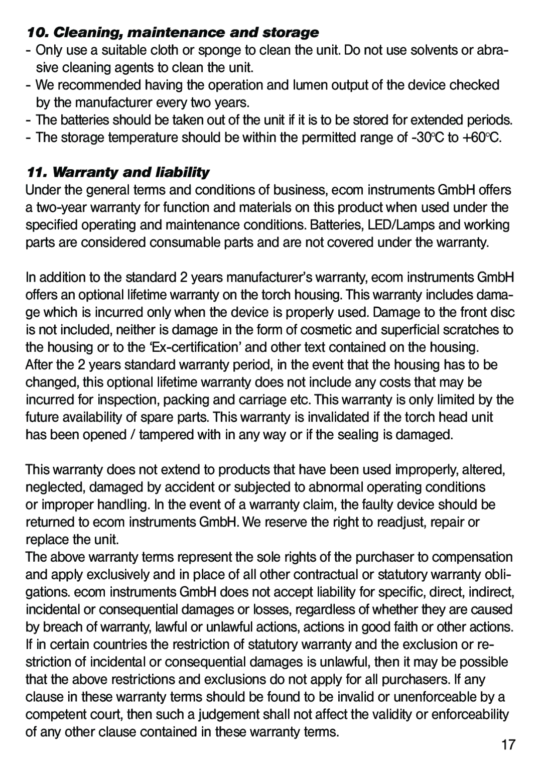 Ecom Instruments Lite-Ex PL 30 operating instructions Cleaning, maintenance and storage, Warranty and liability 