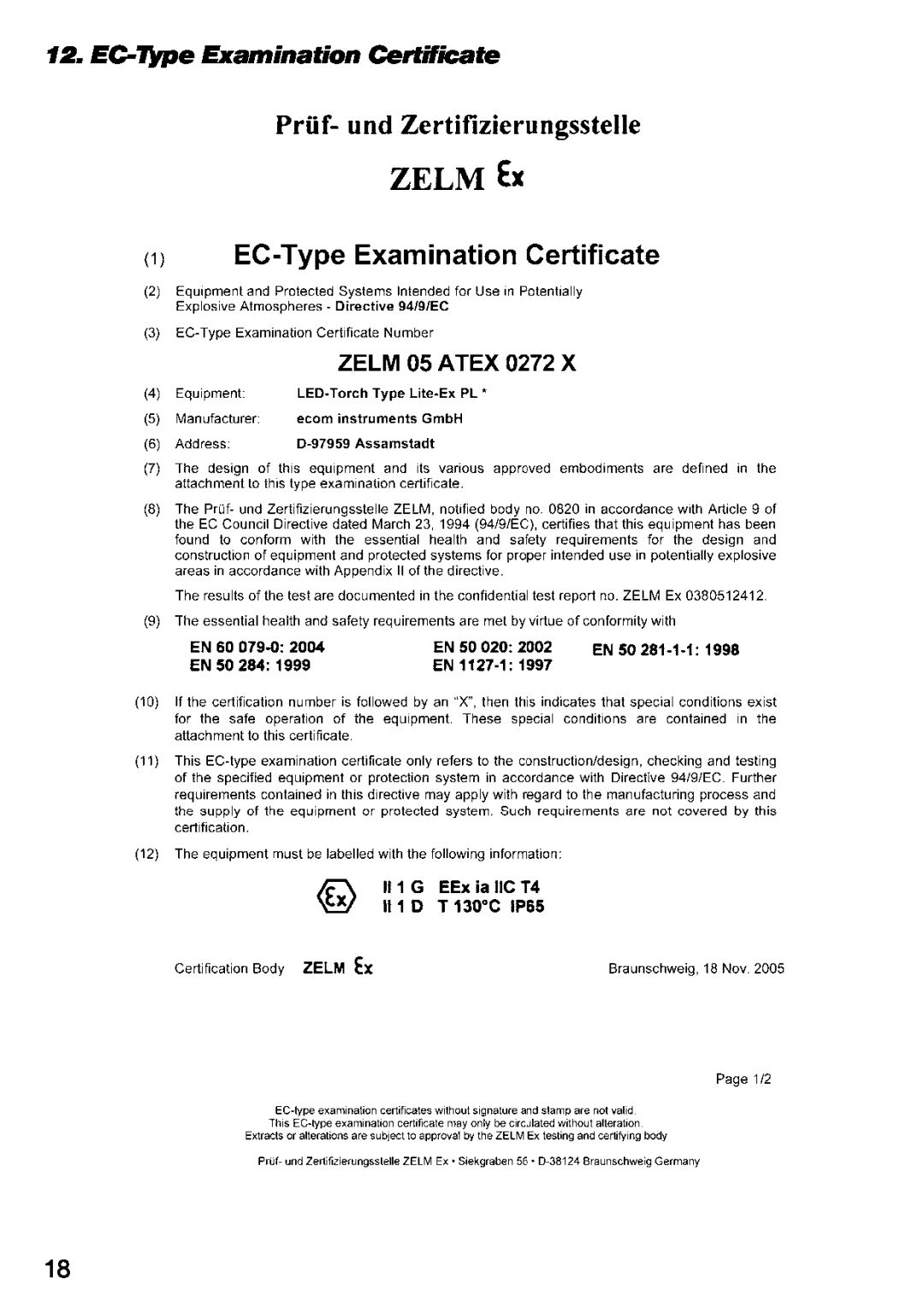 Ecom Instruments Lite-Ex PL 30 operating instructions EC-TypeExamination Certificate 