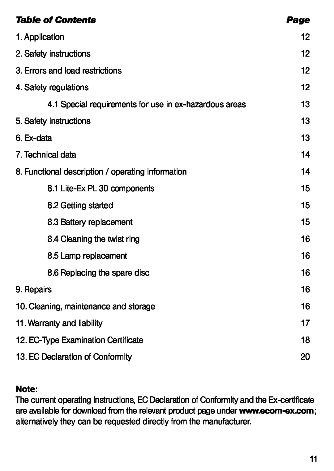 Ecom Instruments Lite-Ex PL 30 operating instructions Table of Contents, Page 