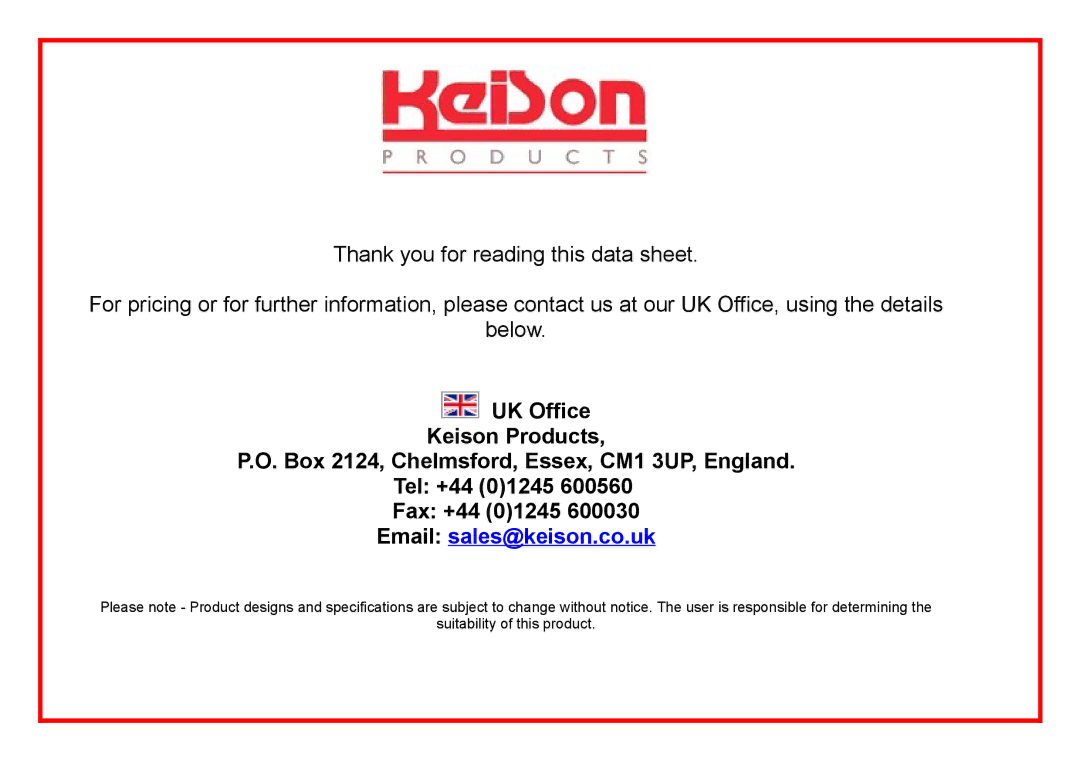 Ecom Instruments X20 dimensions Email sales@keison.co.uk 