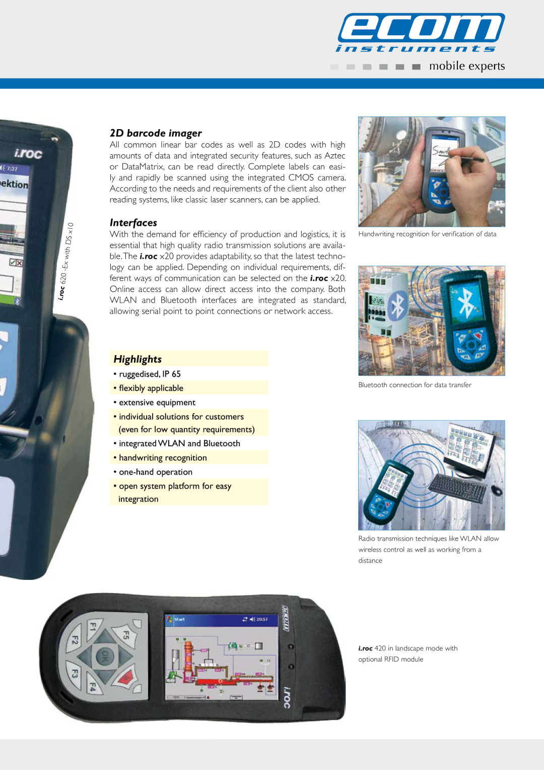 Ecom Instruments X20 dimensions 2D barcode imager, Interfaces, Highlights 