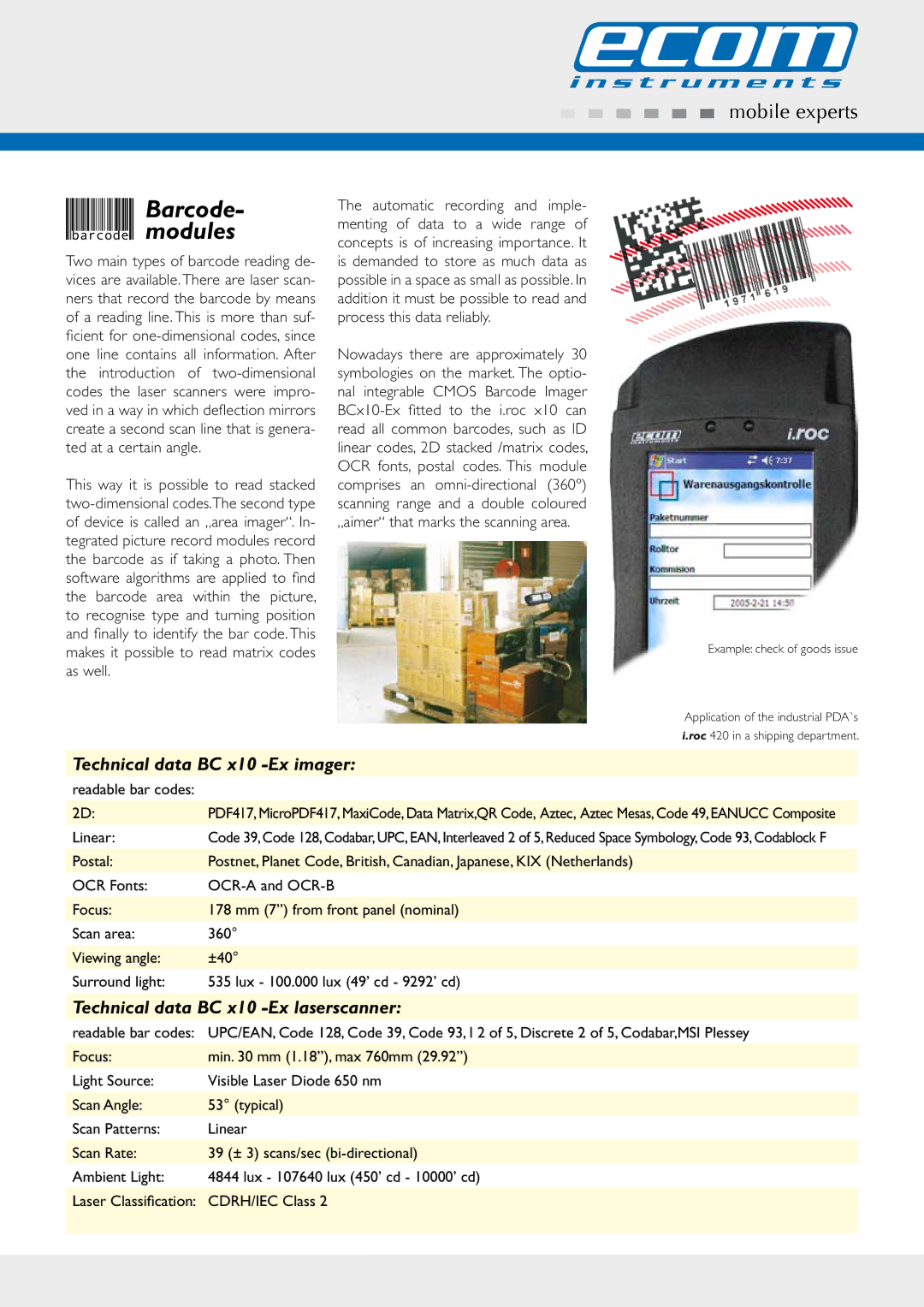 Ecom Instruments X20 Technical data BC x10 -Ex imager, Technical data BC x10 -Ex laserscanner, Linear, Readable bar codes 