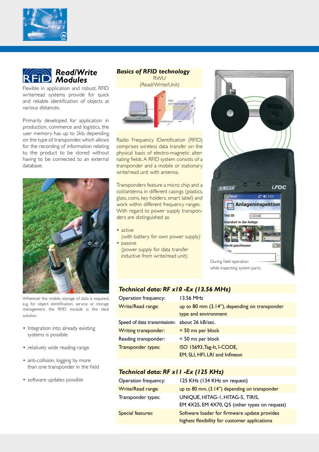 Ecom Instruments X20 Basics of Rfid technology, Technical data RF x10 -Ex 13.56 MHz, Technical data RF x11 -Ex 125 KHz 