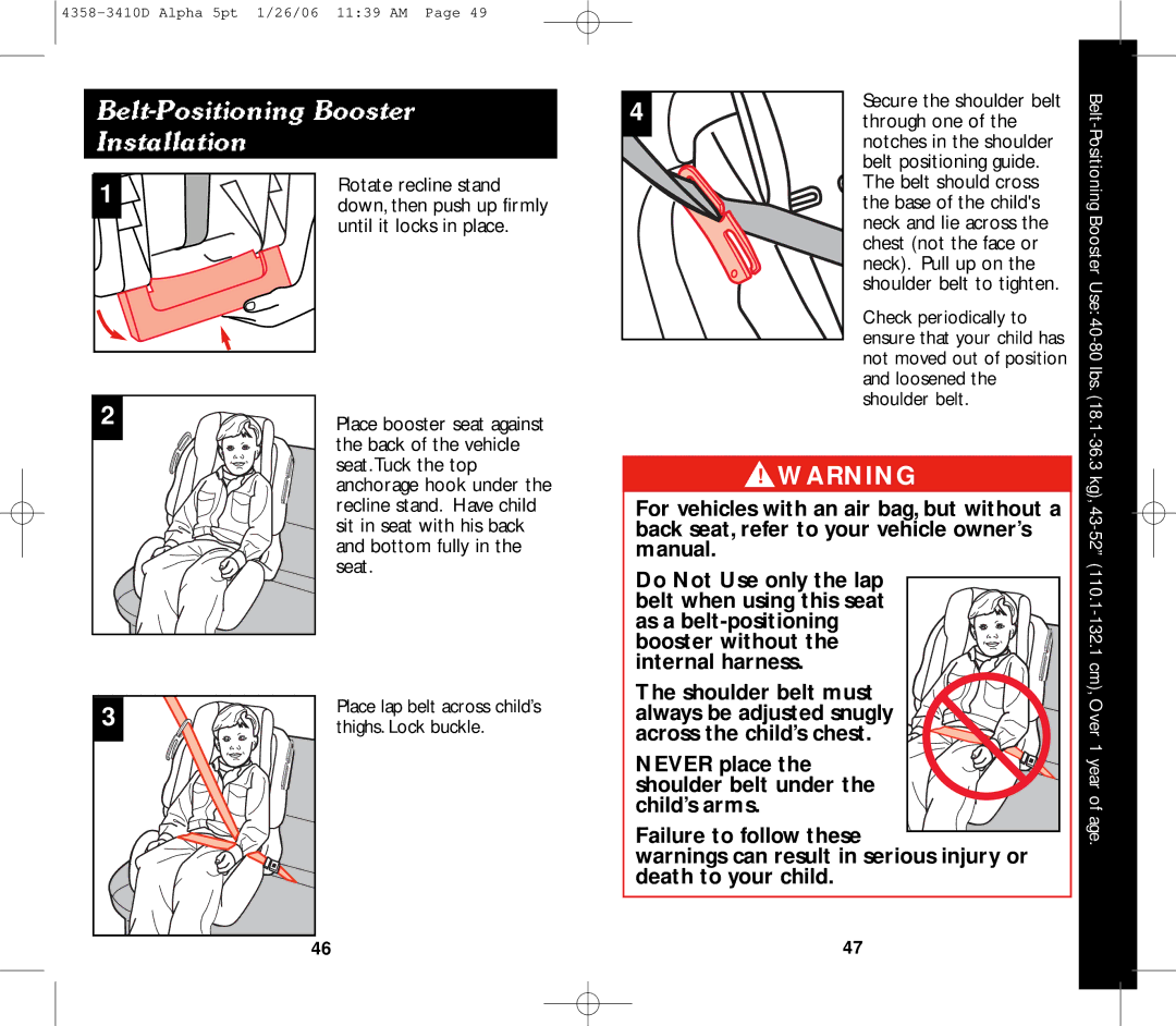 Eddie Bauer 22-750 manual Through one, Belt positioning guide, Belt should cross, Base of the childs, Chest not the face or 