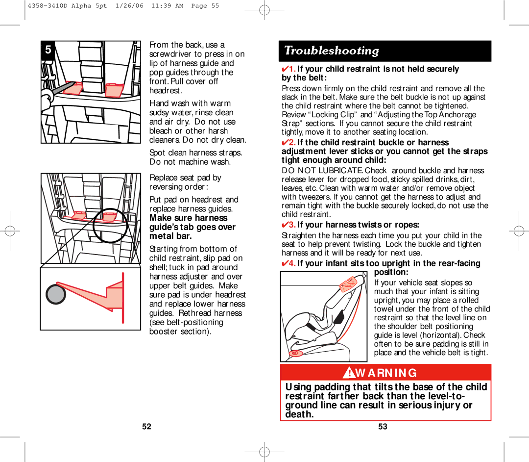 Eddie Bauer 22-750 manual Replace seat pad by reversing order, Make sure harness guide’s tab goes over metal bar 