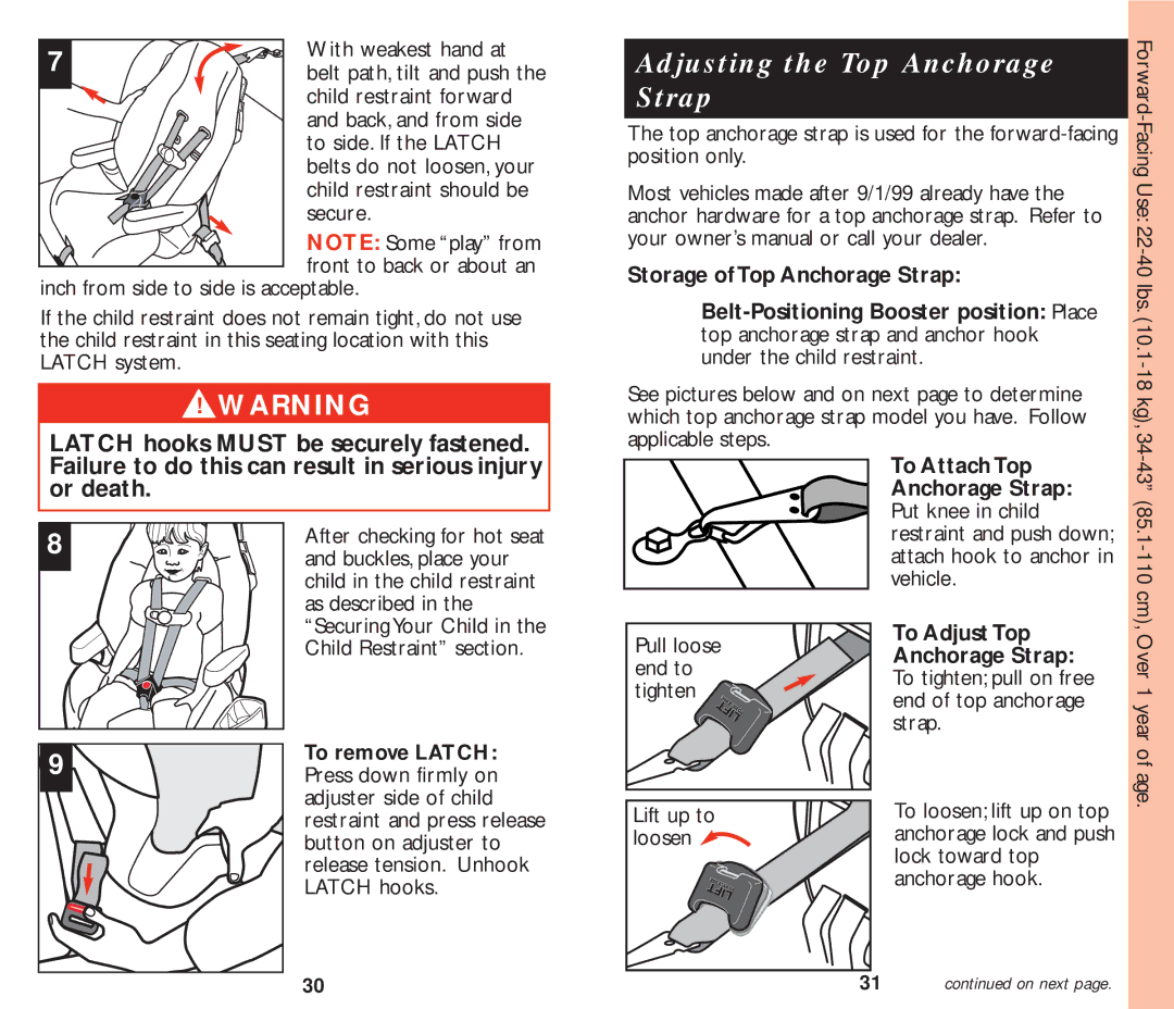 Eddie Bauer 22859 manual Adjusting the Top Anchorage Strap, Storage of Top Anchorage Strap, To Attach Top Anchorage Strap 