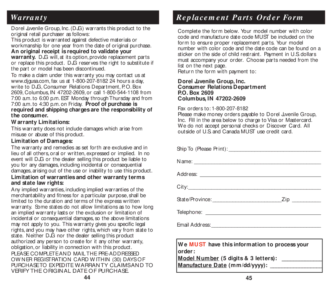 Eddie Bauer 22859 manual Warranty, Replacement Parts Order Form 