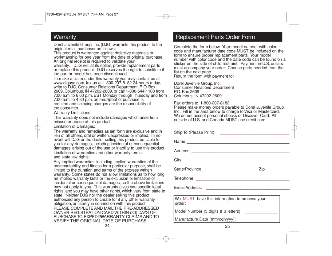 Eddie Bauer enRoute manual Warranty, Replacement Parts Order Form 