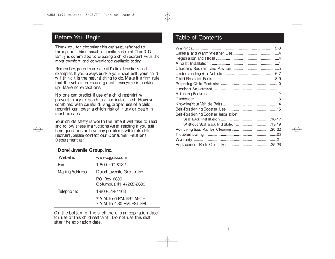 Eddie Bauer enRoute manual Before You Begin, Table of Contents 